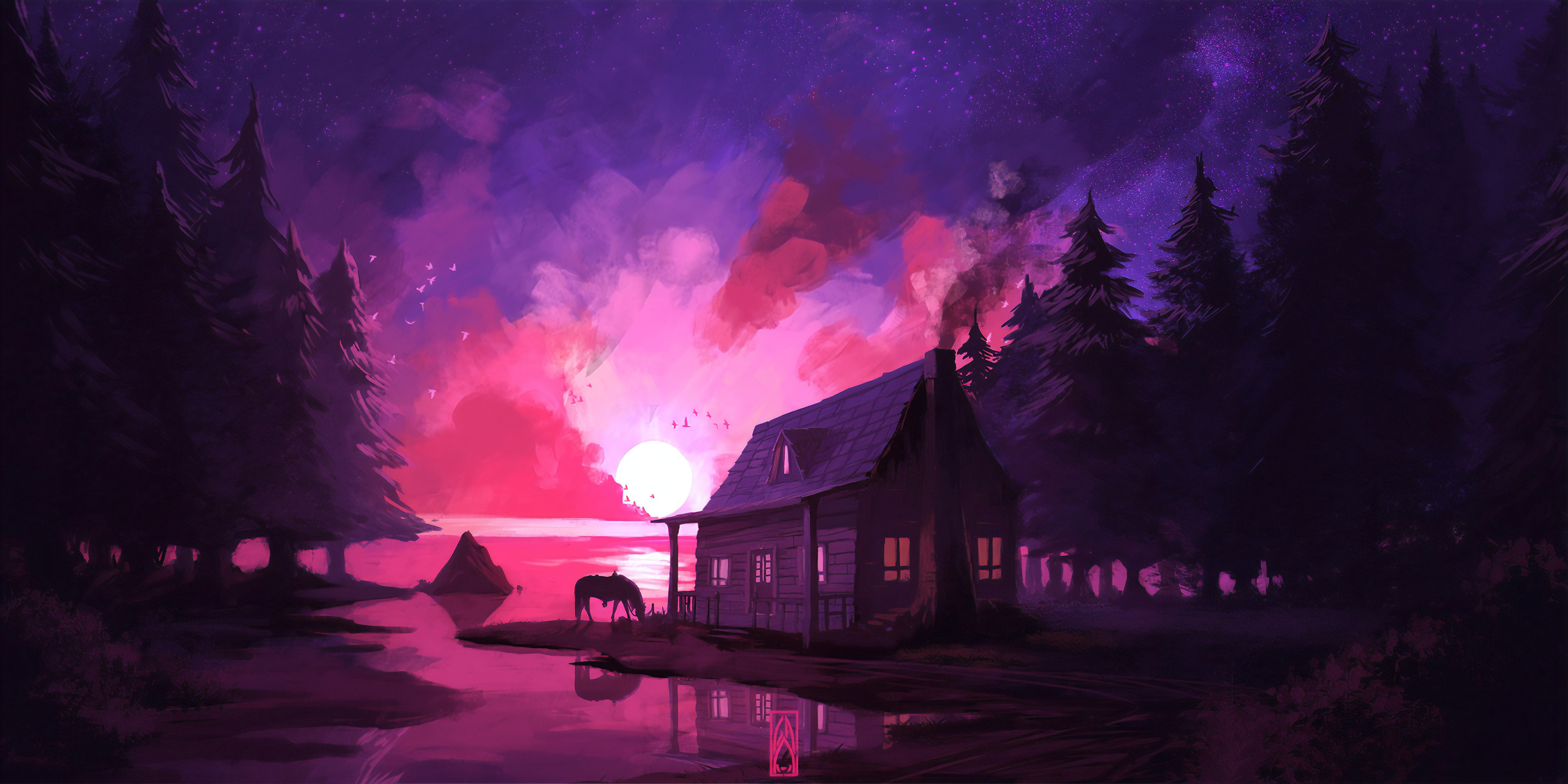 Casetta lago tramonto notte, 3840x1920 4K, Smart TV 4K