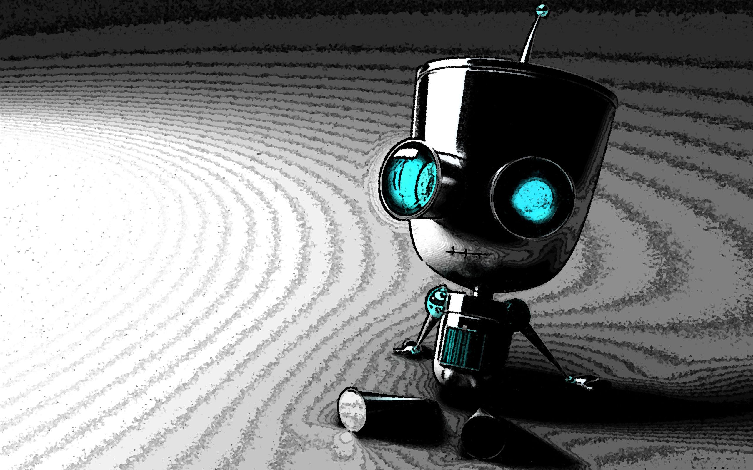 Robottino con occhi azzurri seduto, 2560x1600 2K, PC