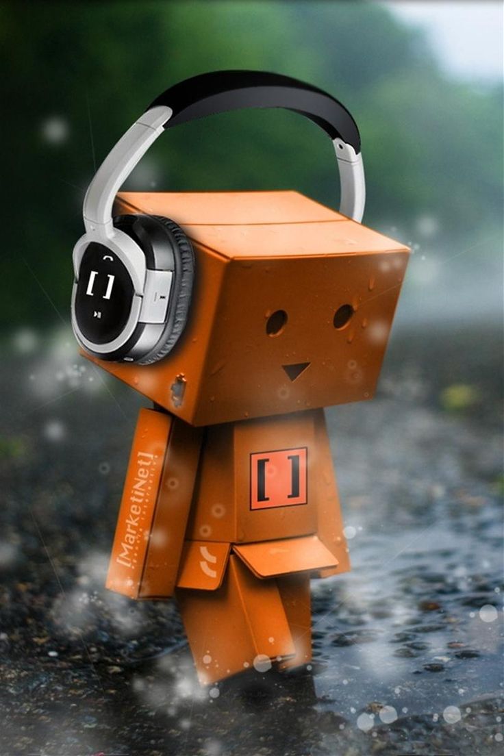 Robot scatola arancione con cuffie, 736x1104 Full HD Verticale, iPhone