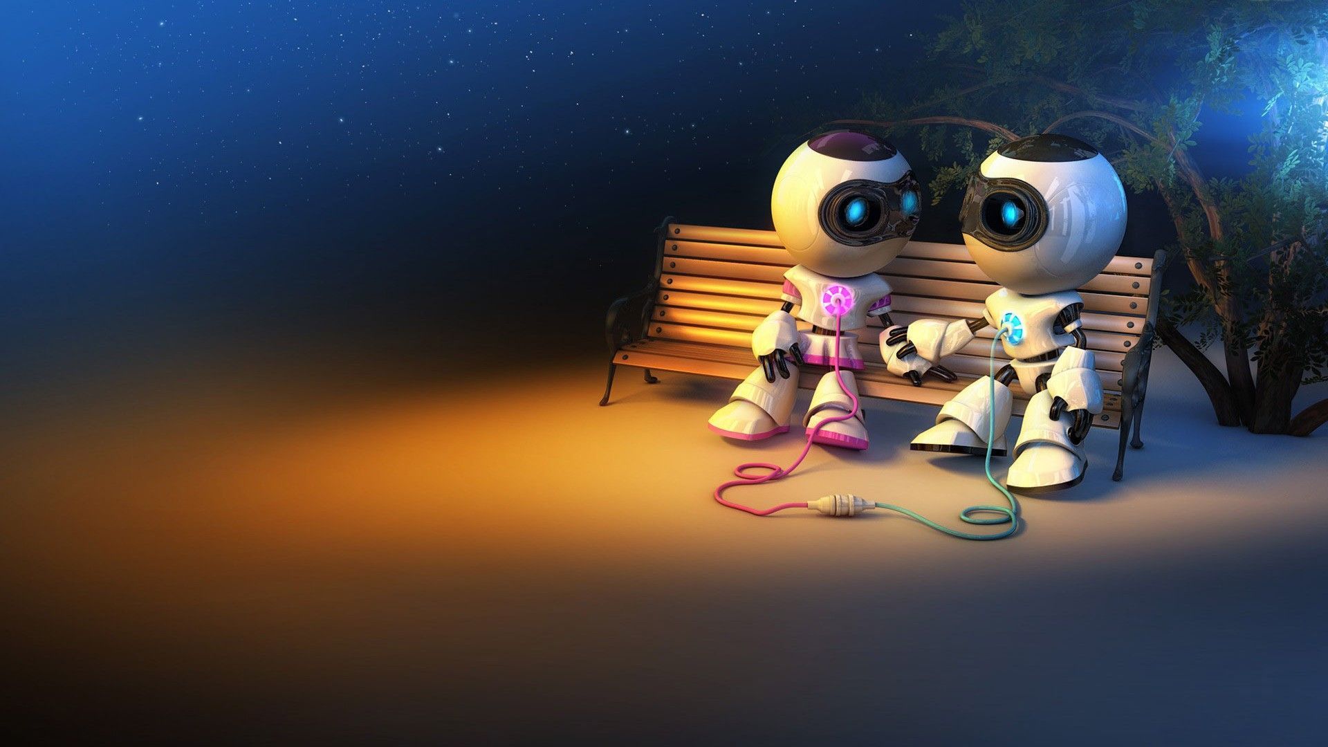 Due robot carini su panchina, 1920x1080 Full HD 1080p, PC Desktop