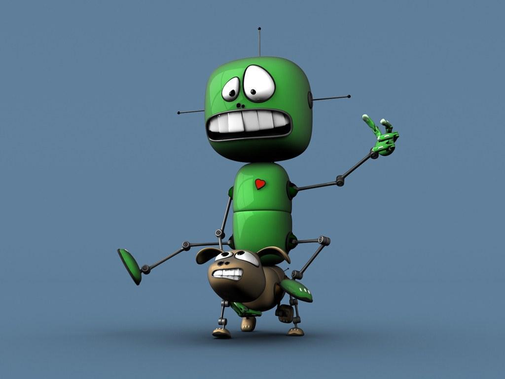 Robot verde cartoon con animaletto, 1024x768 HD, iMac