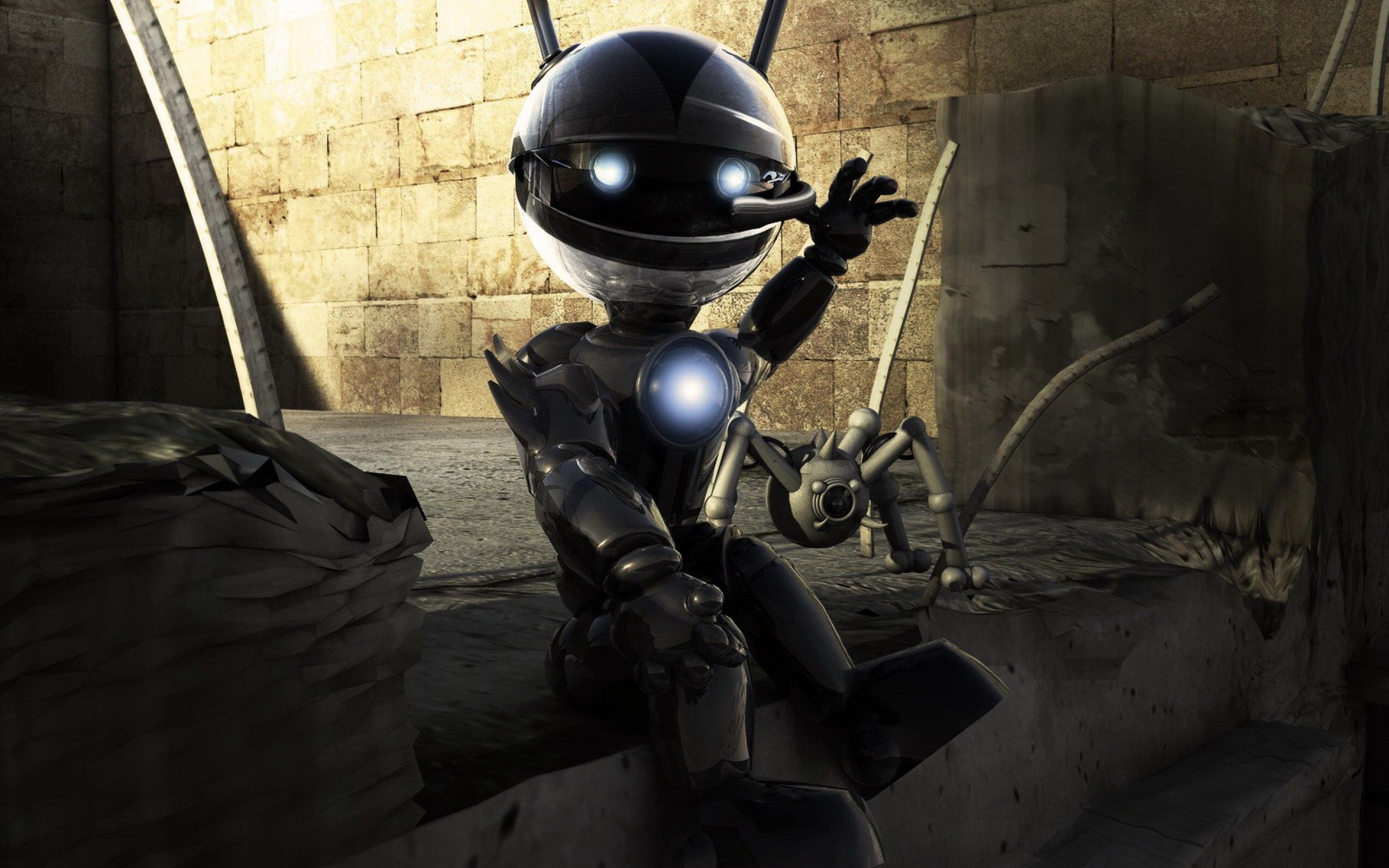 Robot con visiera nera seduto, 2880x1800 2K+, Desktop