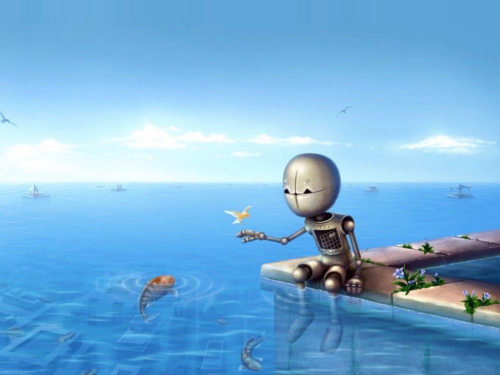 Robot carino seduto molo mare, 1024x768 HD, PC