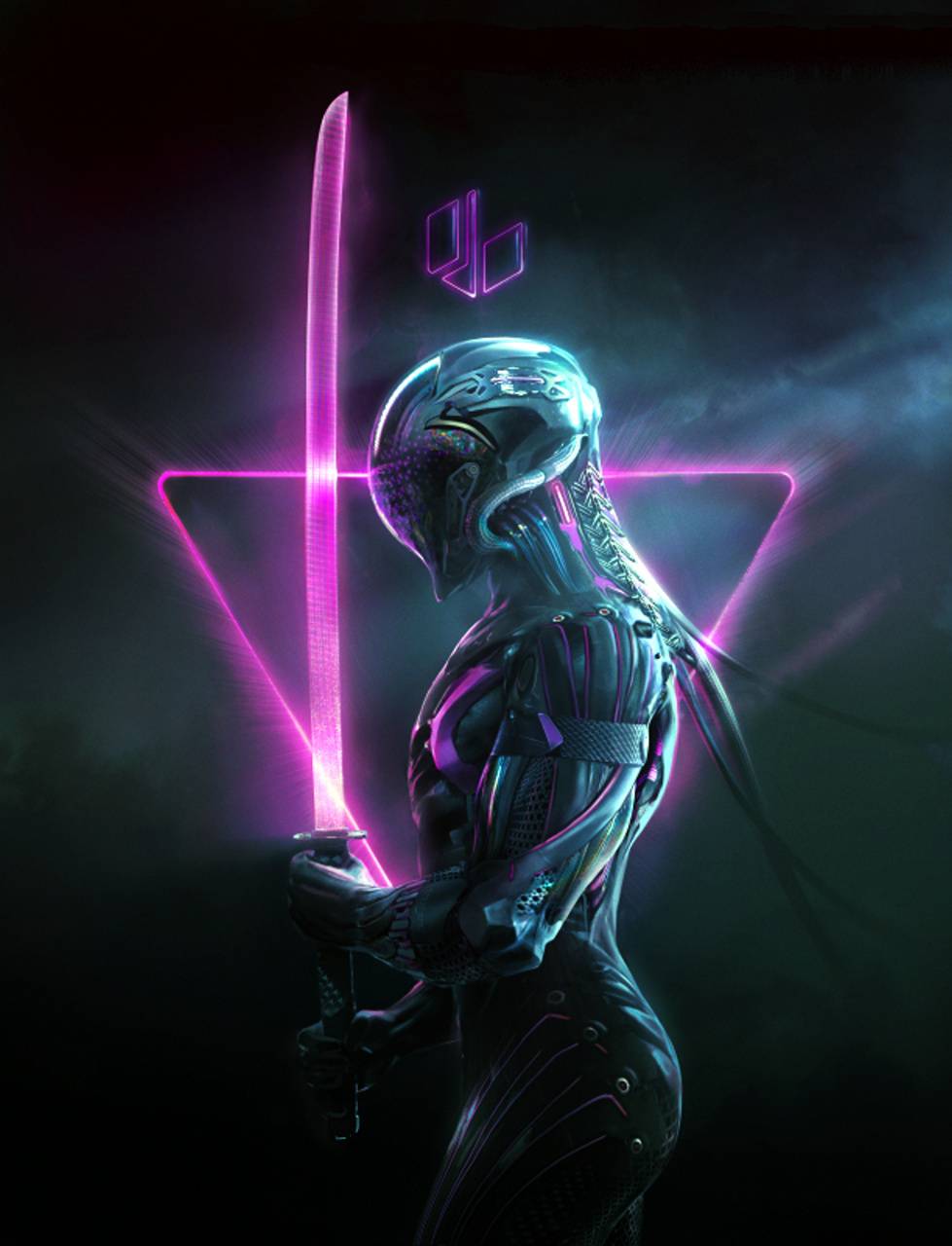 Ninja robot con katana neon, 979x1280 Full HD Verticale, Smartphone