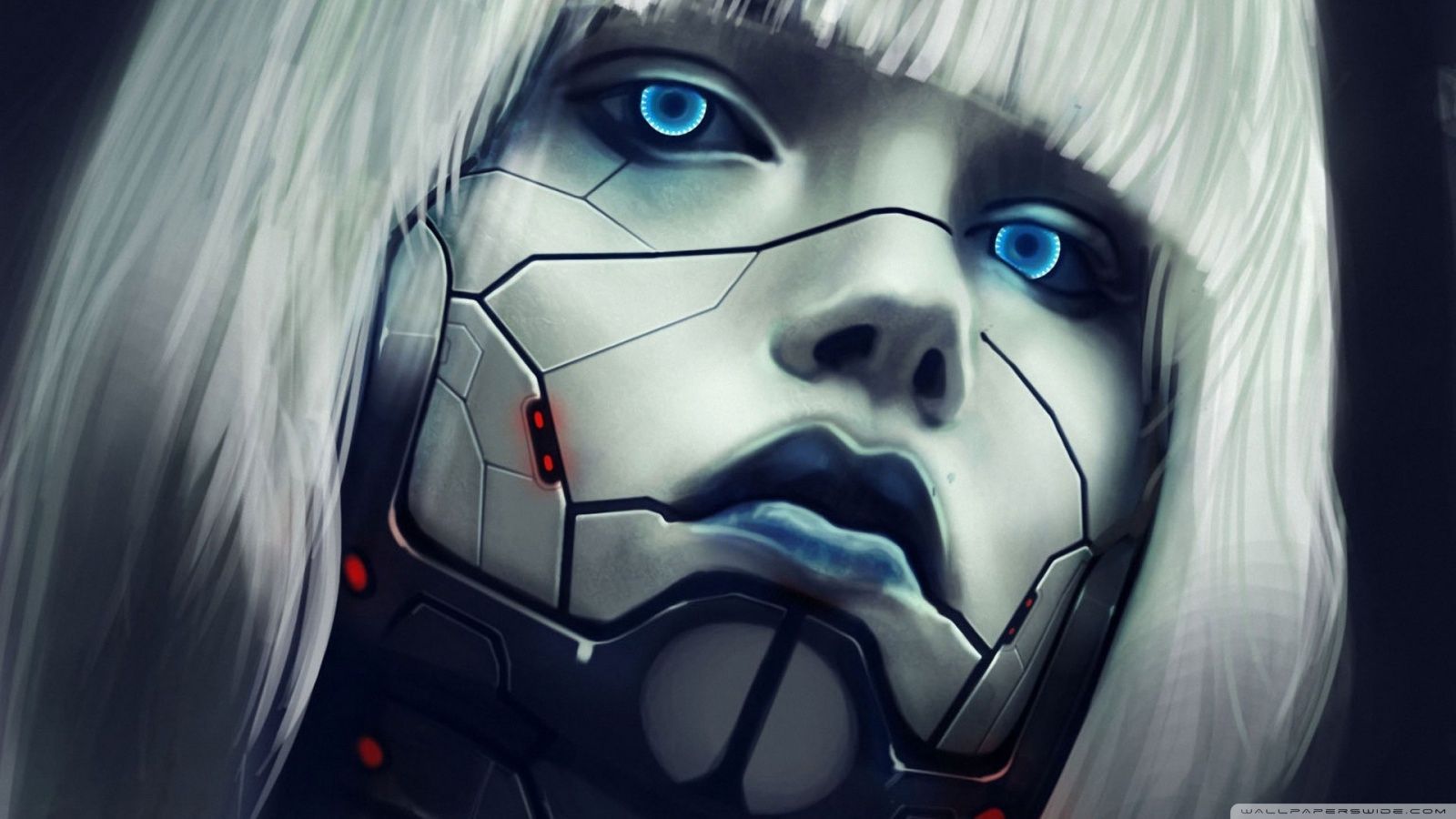 Volto robotico femminile occhi blu, 1600x900 HD, Laptop