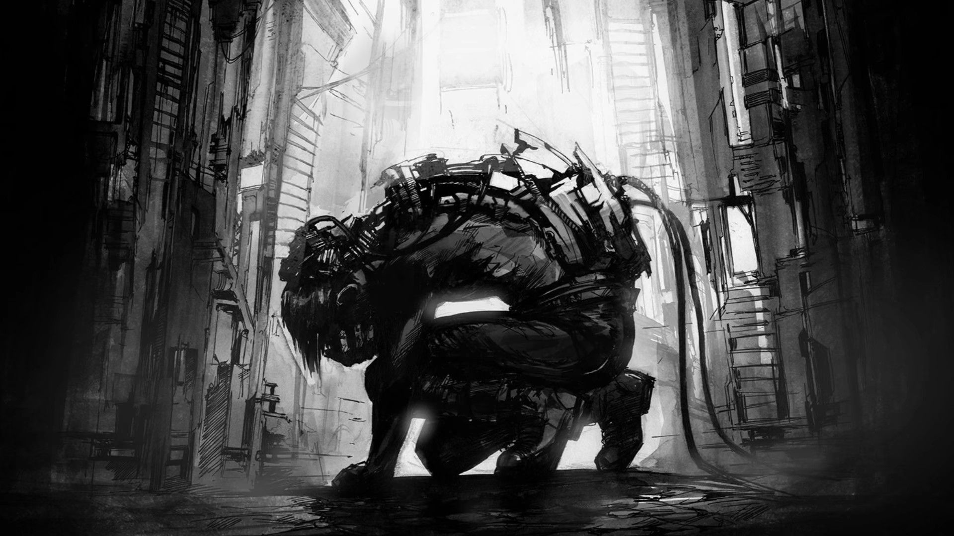 Robot cyberpunk monocromatico in vicolo, 1920x1080 1080p, PC Desktop