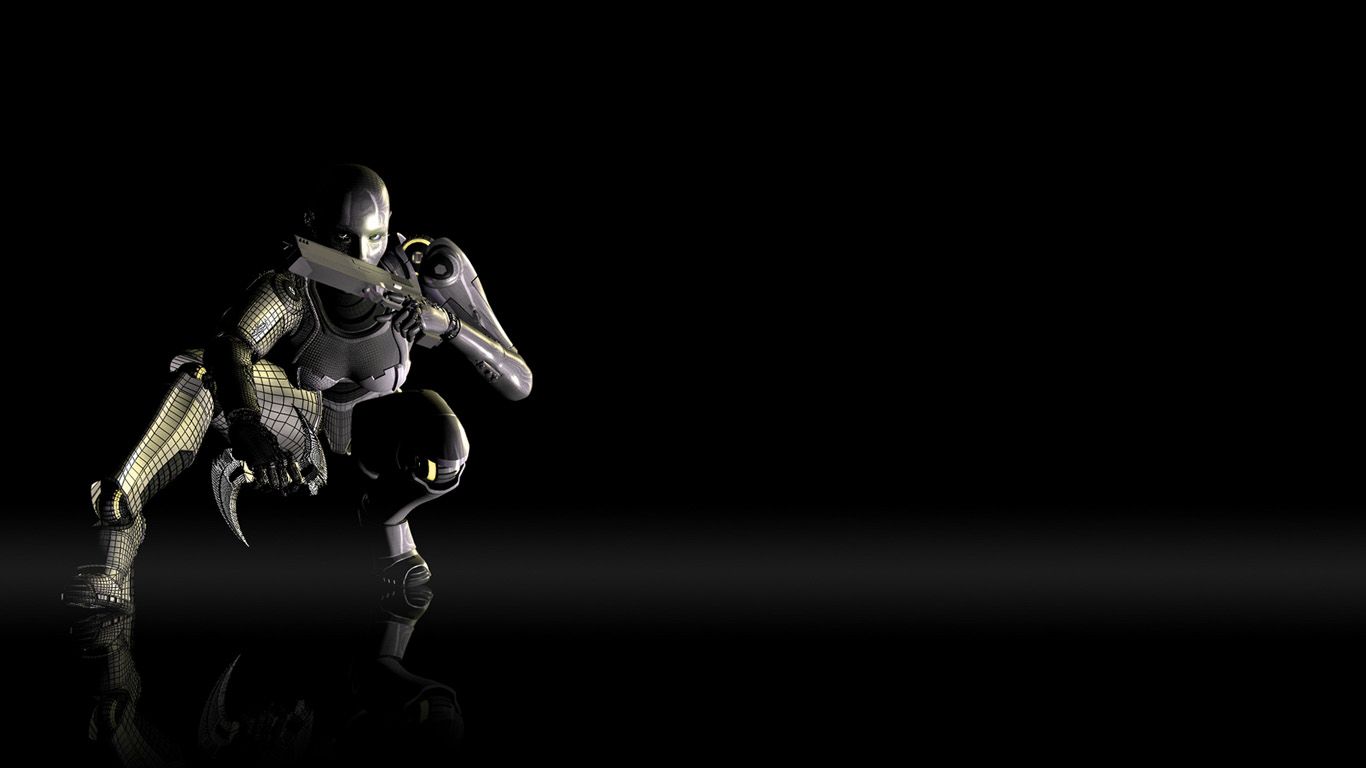 Robot ninja accovacciato sfondo nero, 1366x768 720p, iMac