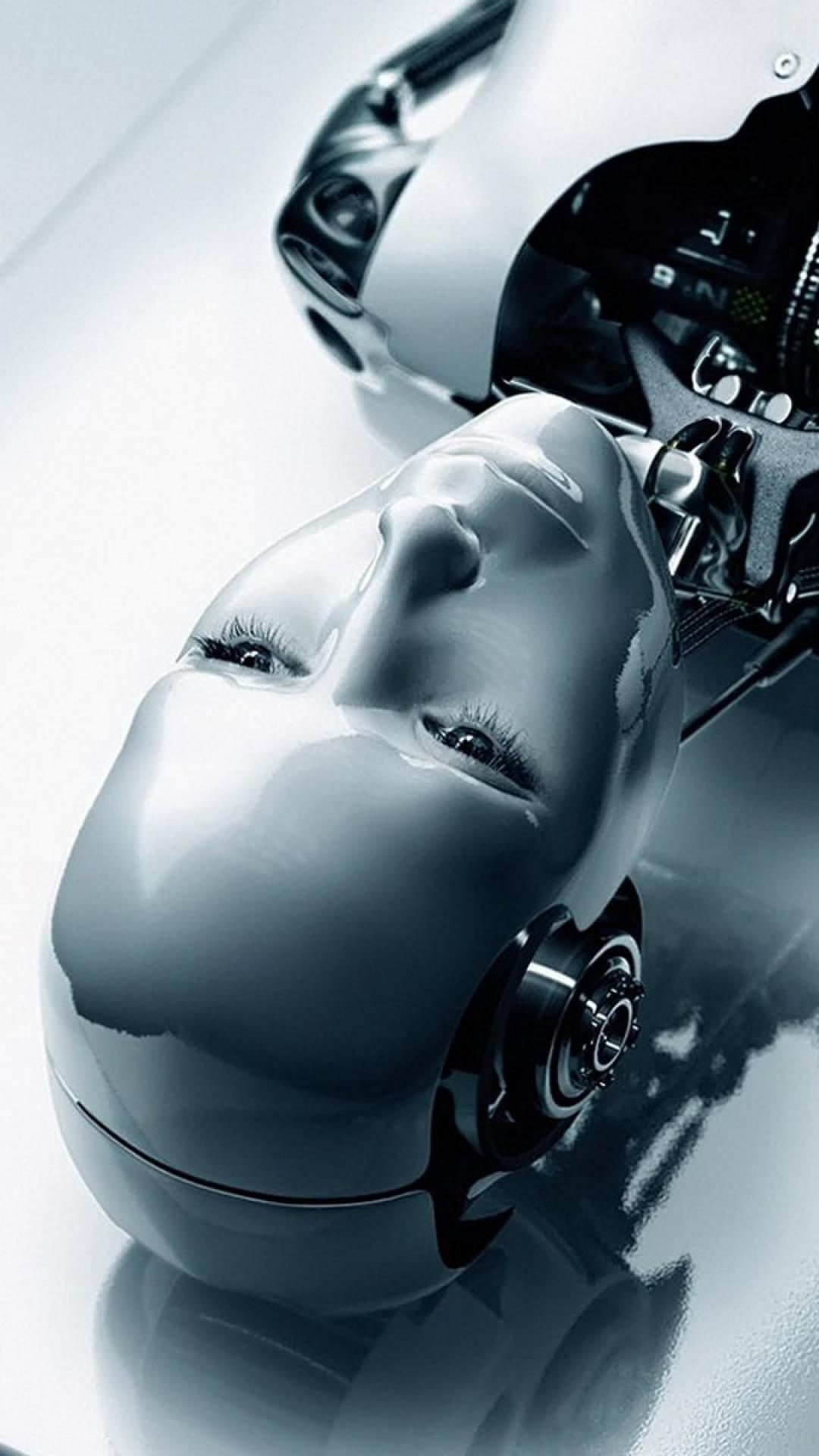 Robot umanoide viso metallico bianco, 1080x1920 Verticale, Mobile