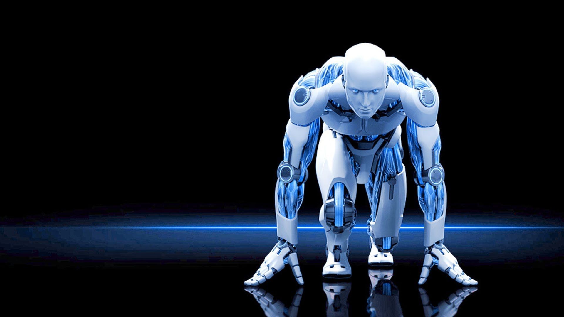 Robot umanoide bianco blu accovacciato, 1920x1080 1080p, Laptop