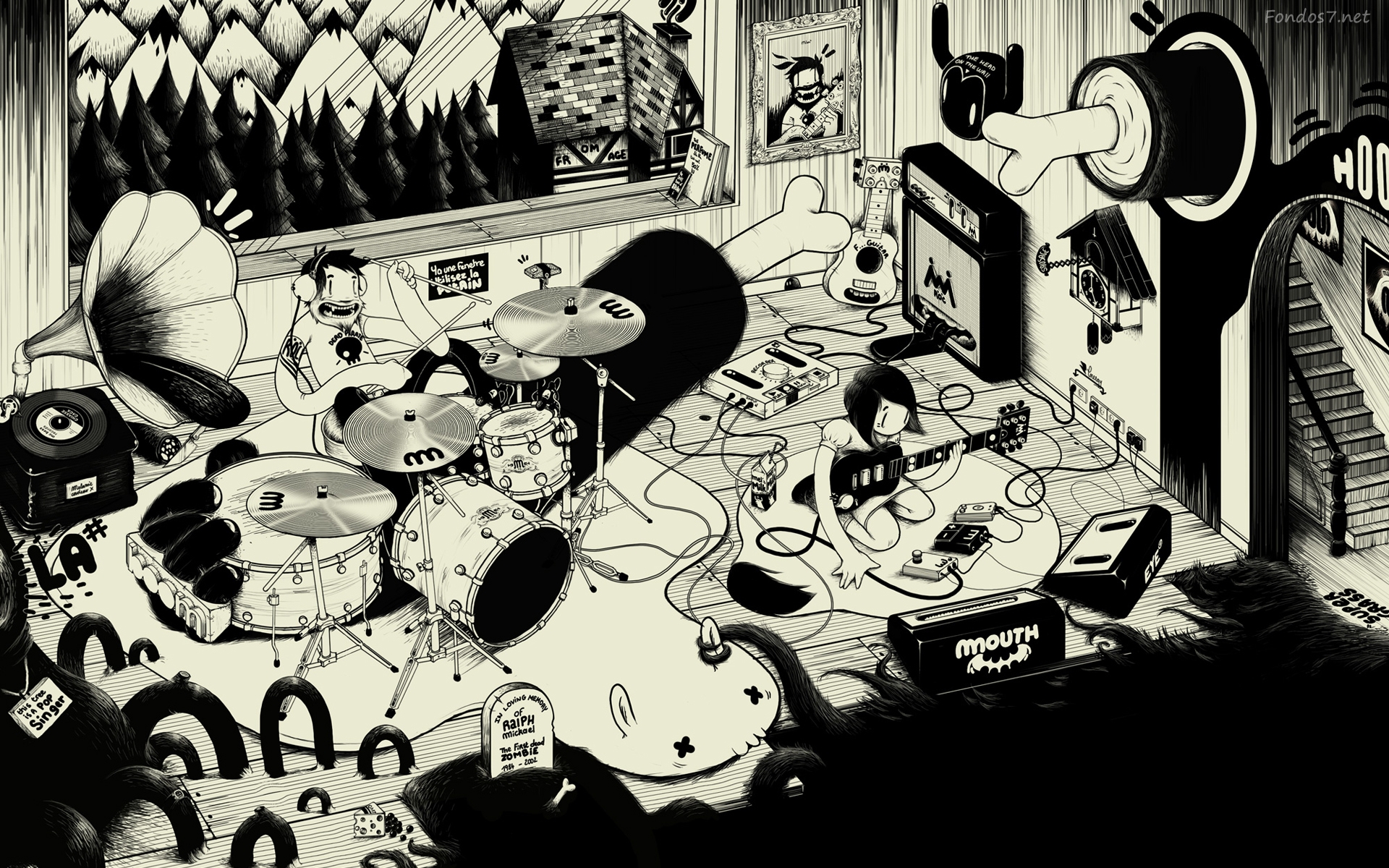 Studio musicale illustrato bianco nero, 1920x1200 Full HD+, Desktop