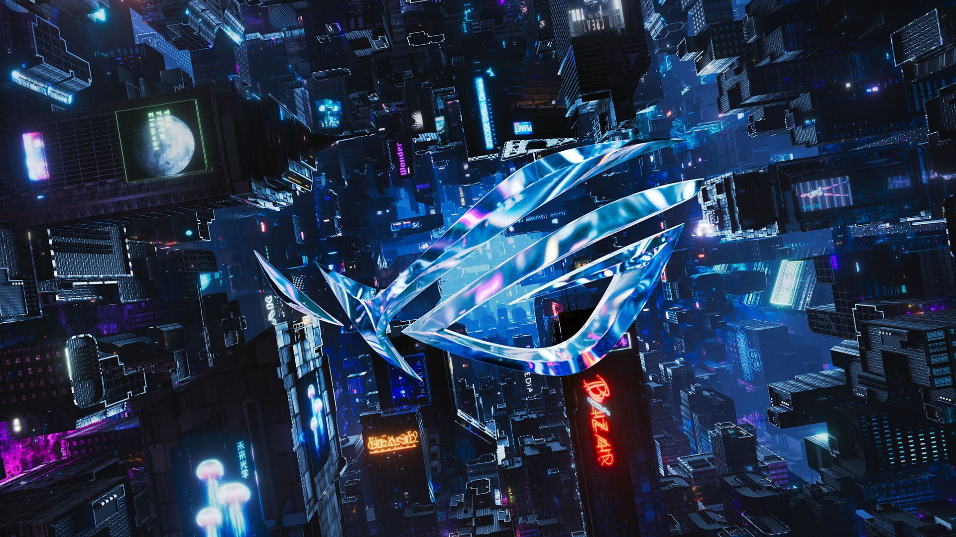 Logo ROG neon città cyberpunk, 1920x1080 1080p, Desktop