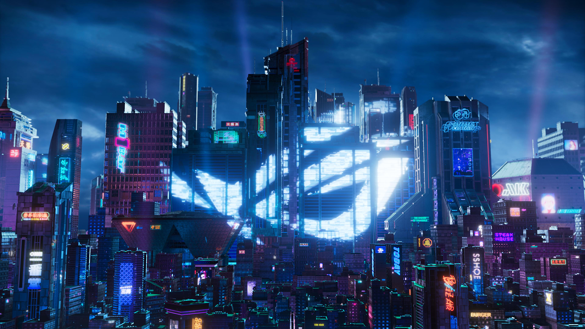 Logo ROG città cyberpunk, 1920x1080 Full HD 1080p, PC