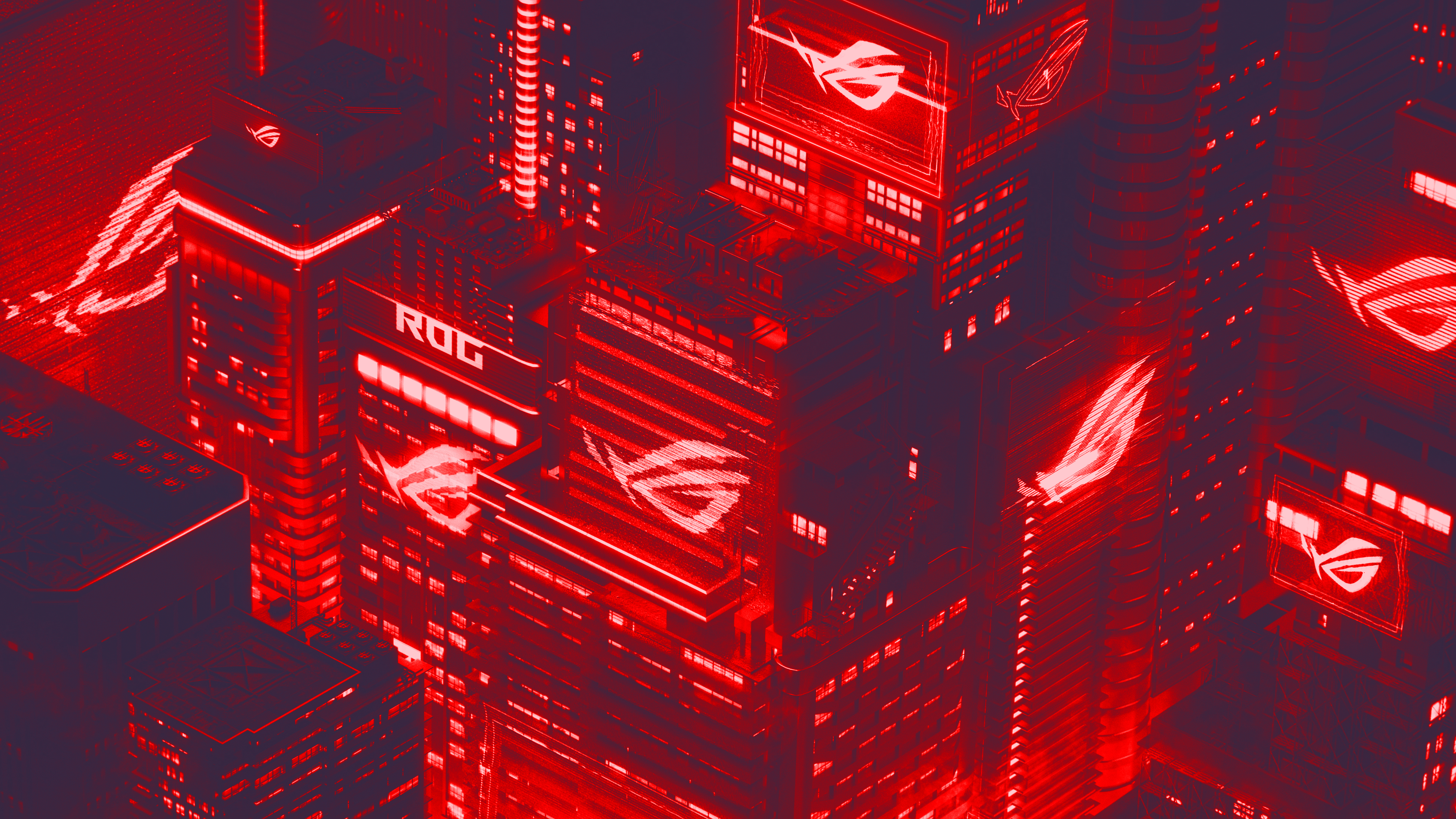 Città cyberpunk rossa loghi ROG, 3840x2160 4K Ultra HD, Monitor 4K