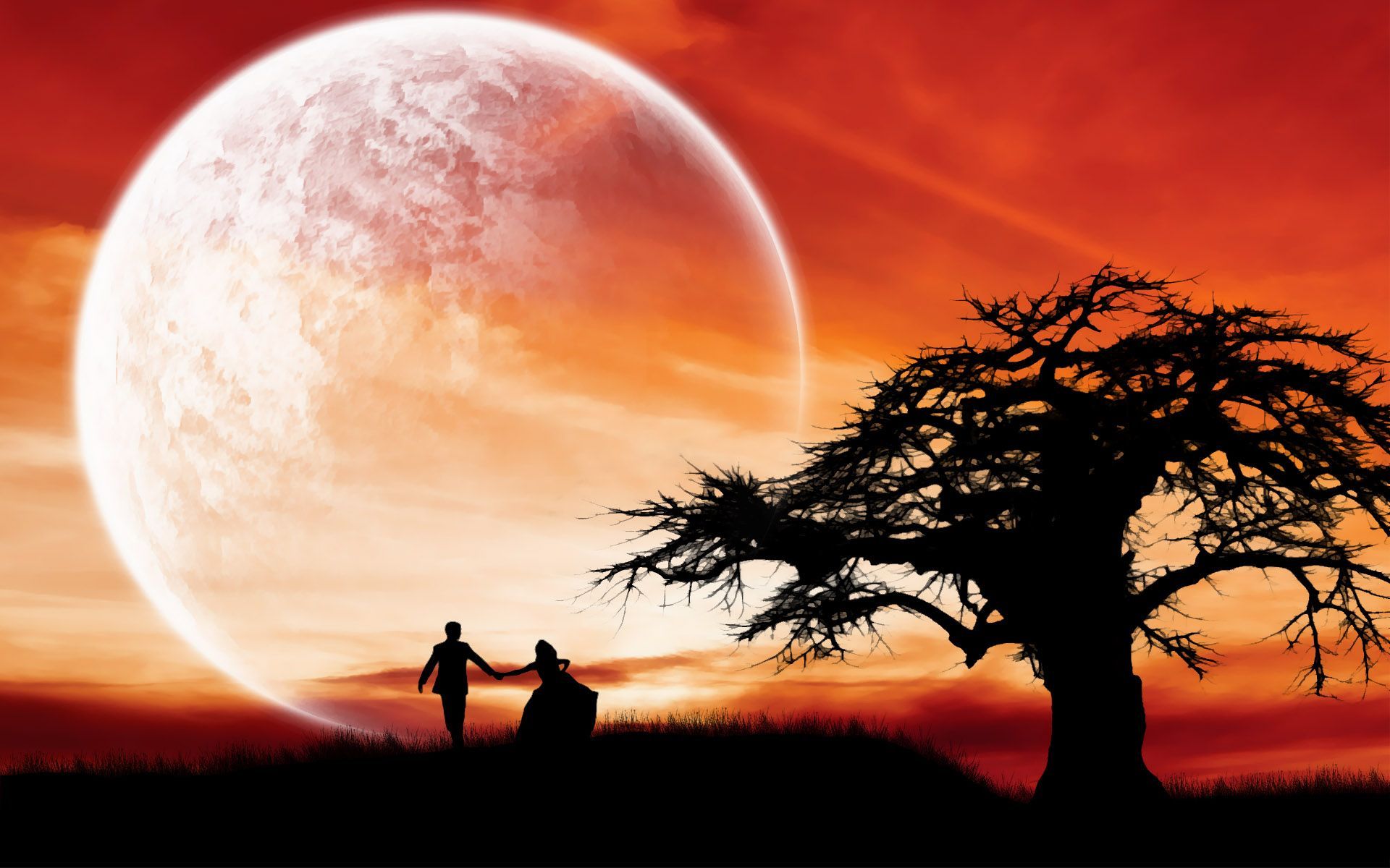 Coppia silhouette sotto luna gigante, 1920x1200 WUXGA, Laptop