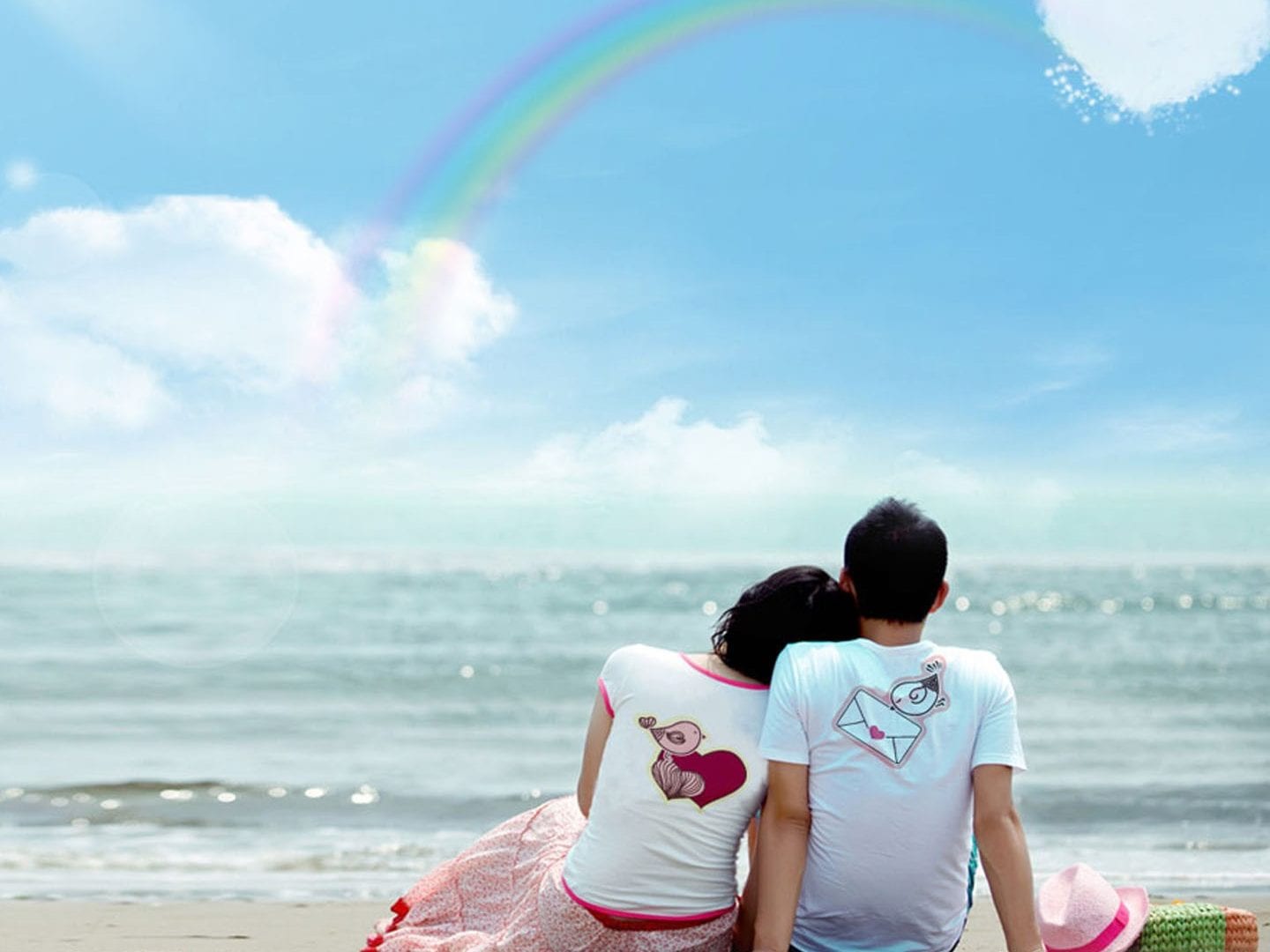 Coppia seduta spiaggia arcobaleno, 1440x1080 HD, Desktop