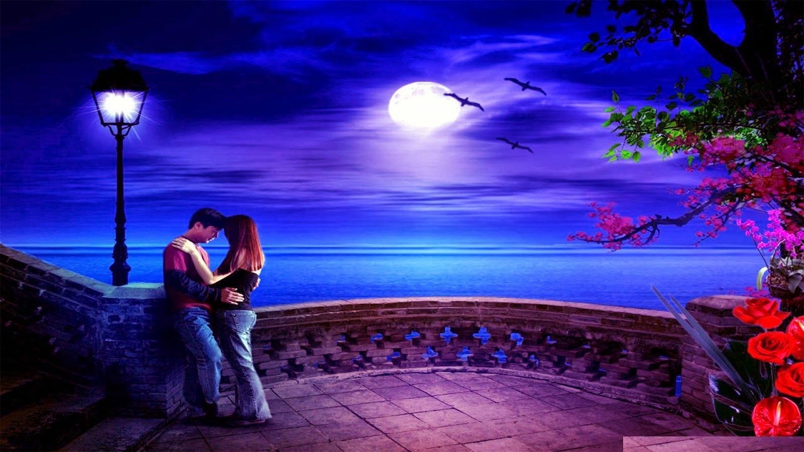 Coppia abbraccio balcone notte, 1600x900 HD, Desktop