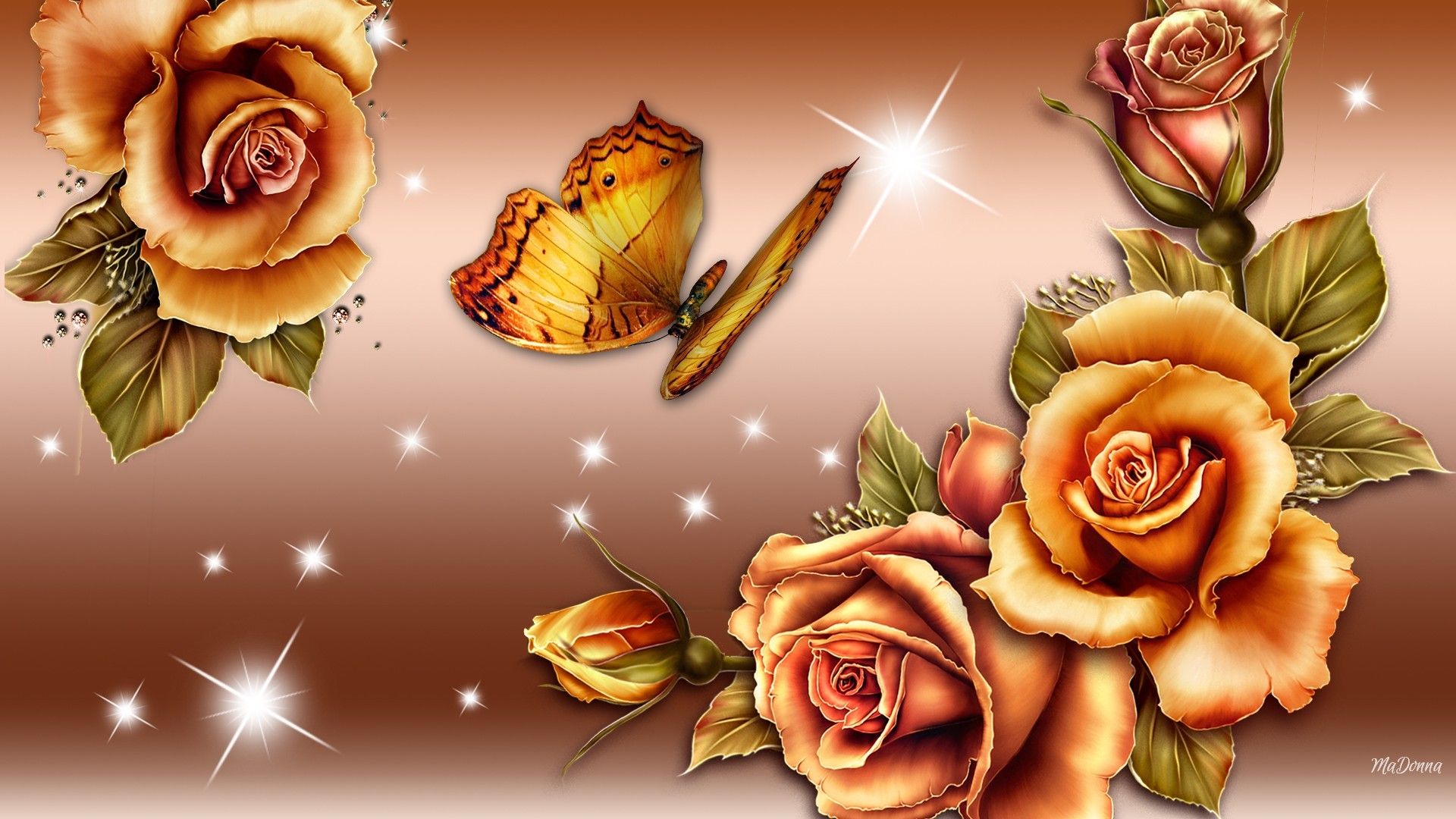 Rose dorate con farfalla, 1920x1080 Full HD, PC