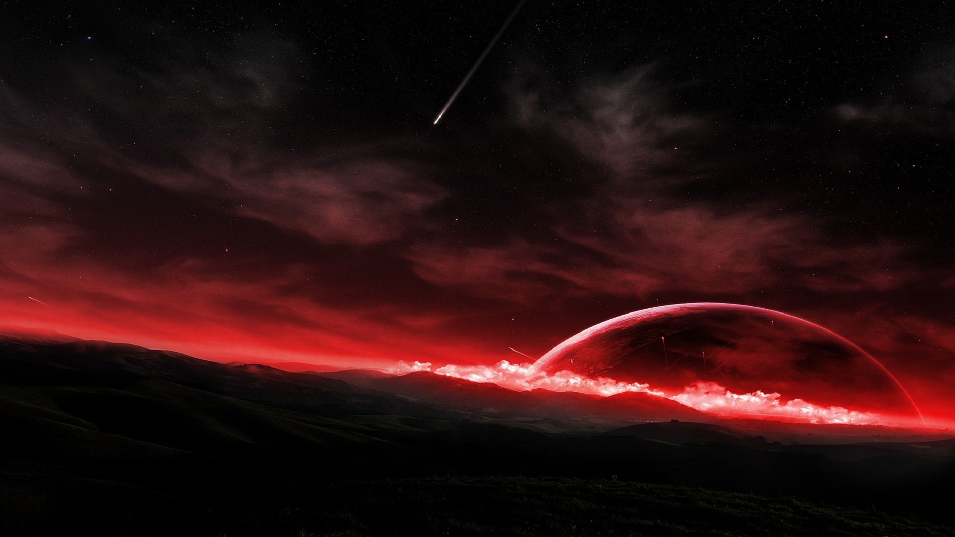 Paesaggio rosso con pianeta e meteora, 1920x1080 1080p, Desktop