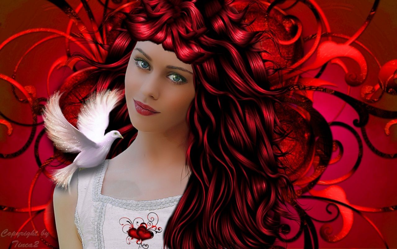 Donna capelli rossi, colomba bianca, 1280x804 HD, Desktop