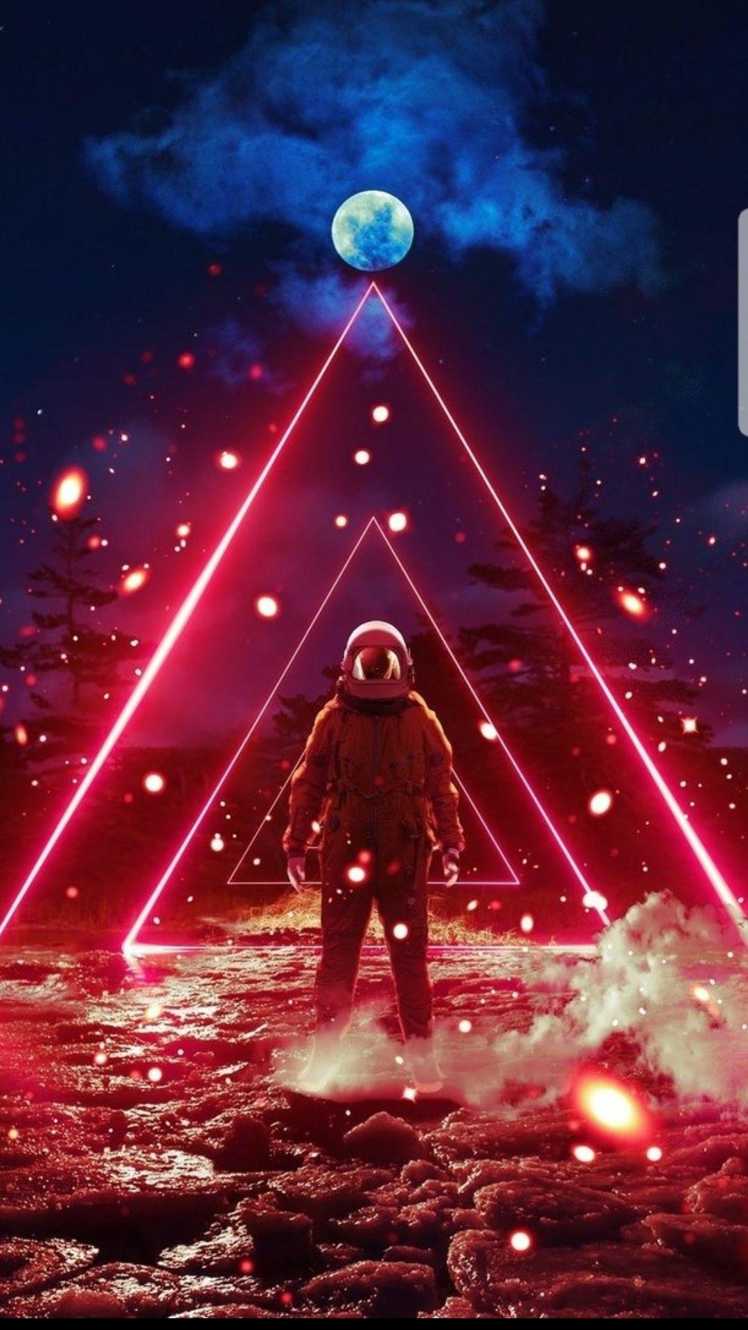 Astronauta triangolo rosso neon, 1080x1920 Verticale, Mobile