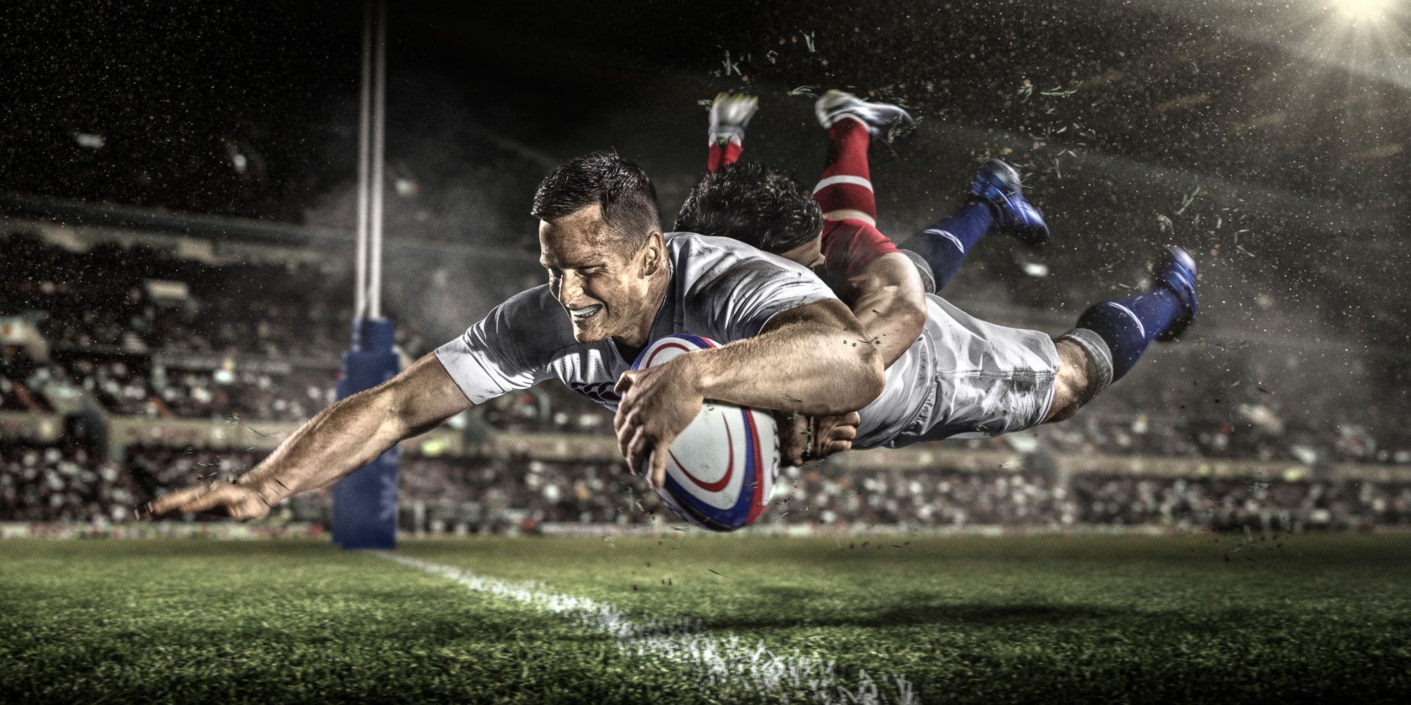 Giocatore rugby in tuffo meta, 2048x1024 alta risoluzione, Laptop
