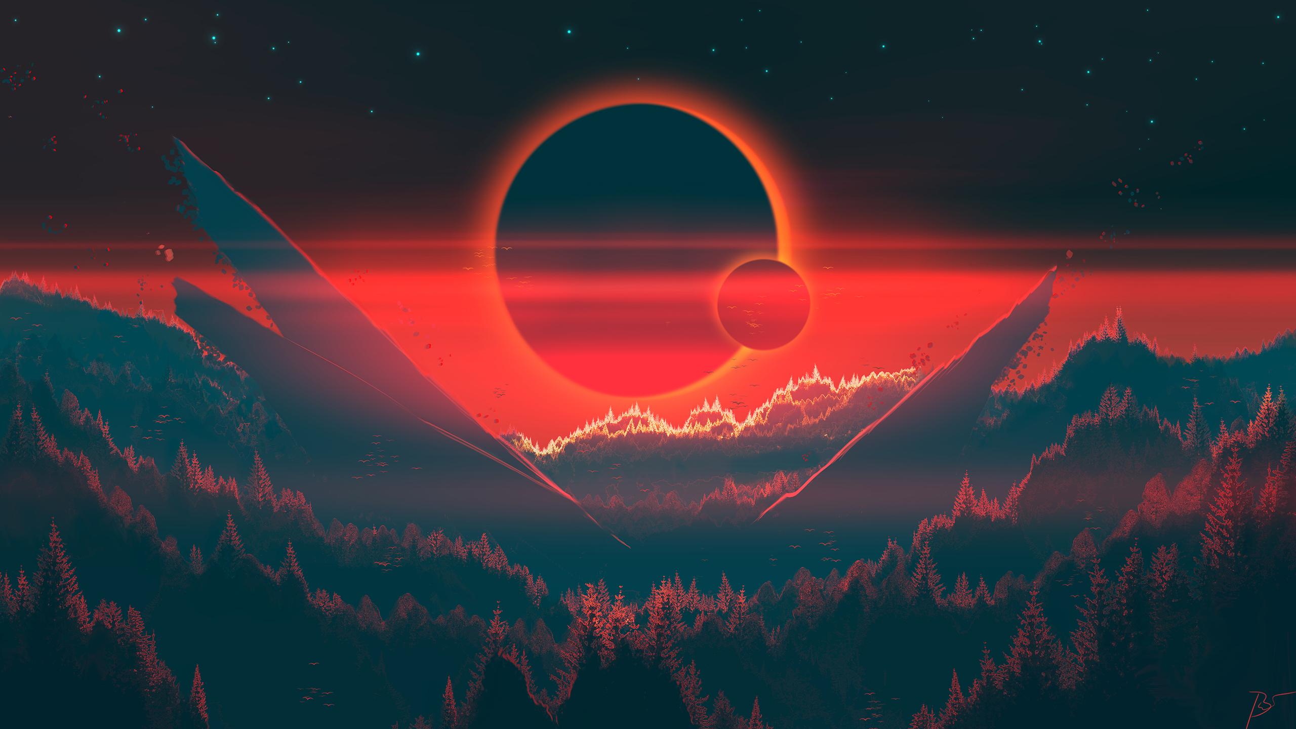 Eclissi pianeti montagne rosse, 2560x1440 QHD, Laptop