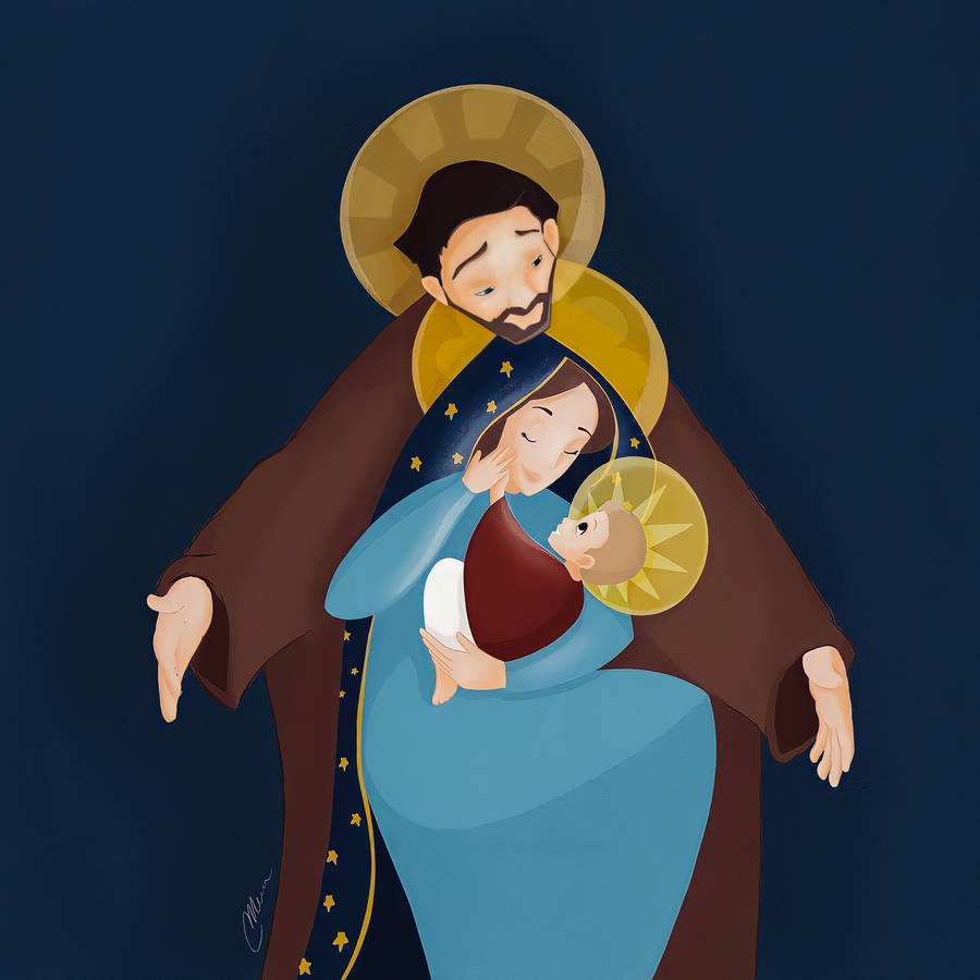 Sacra Famiglia illustrata, sfondo blu, 900x900 HD, Desktop