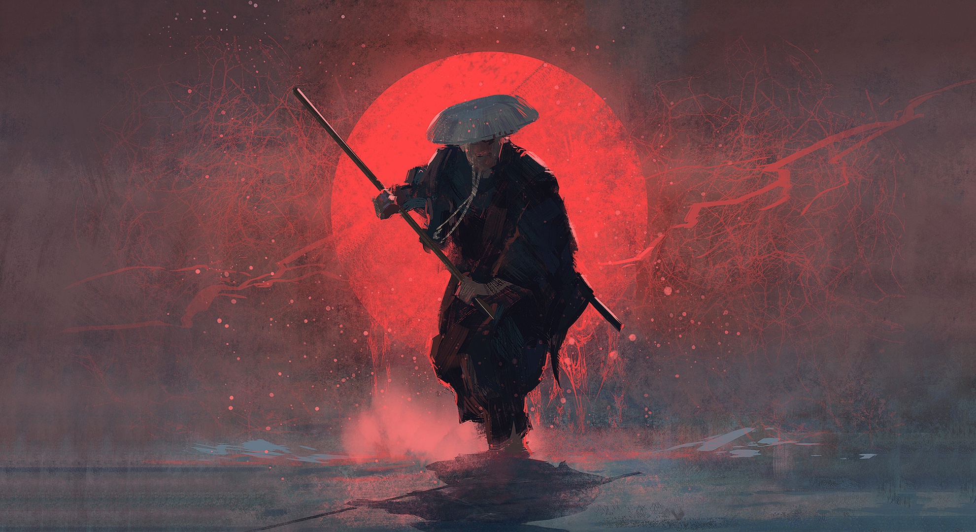 Samurai silhouette luna rossa, 1981x1080 1080p, Laptop
