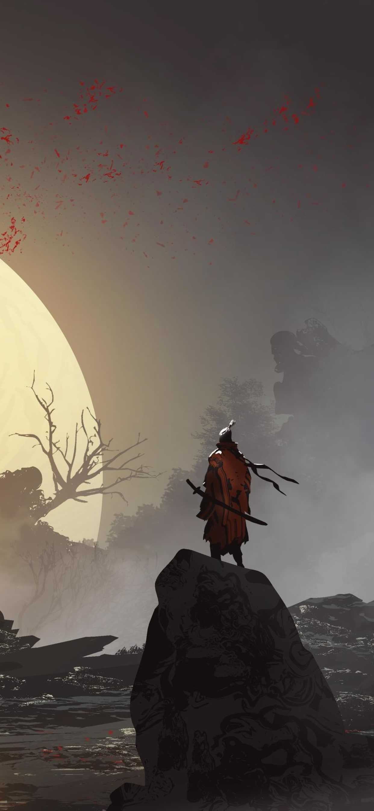 Samurai su roccia, luna, 1242x2688 Verticale, Telefono
