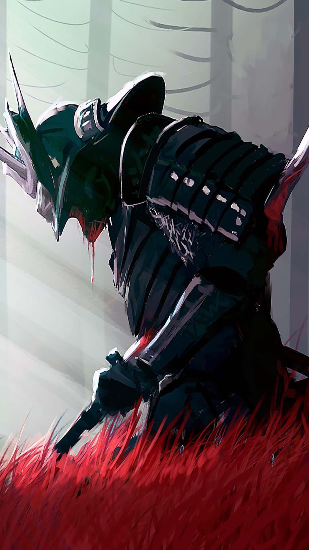 Samurai armatura nera, campo rosso, 1080x1920 Verticale, Mobile