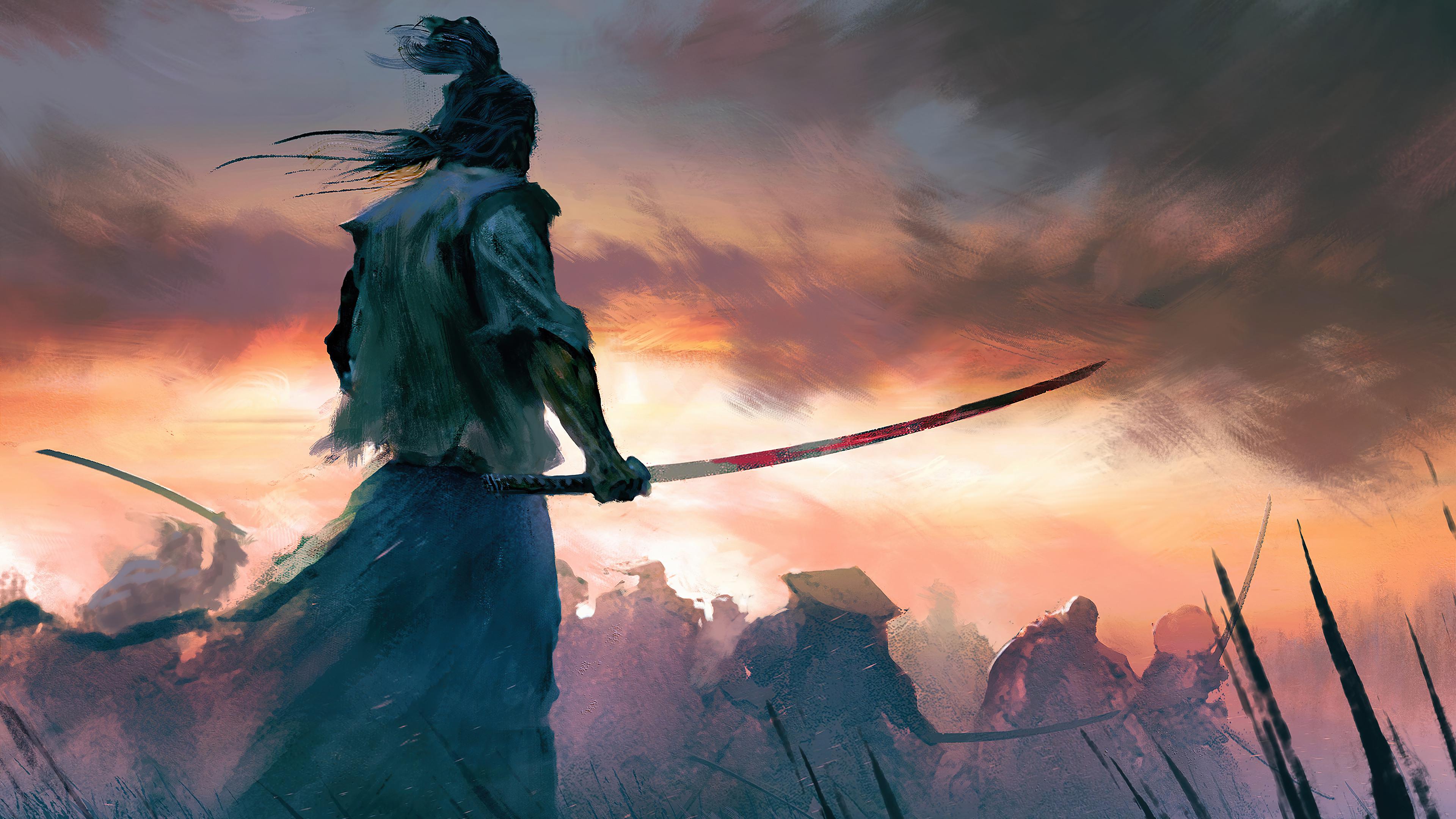 Samurai con katana al tramonto, 3840x2160 UHD, PC 4K