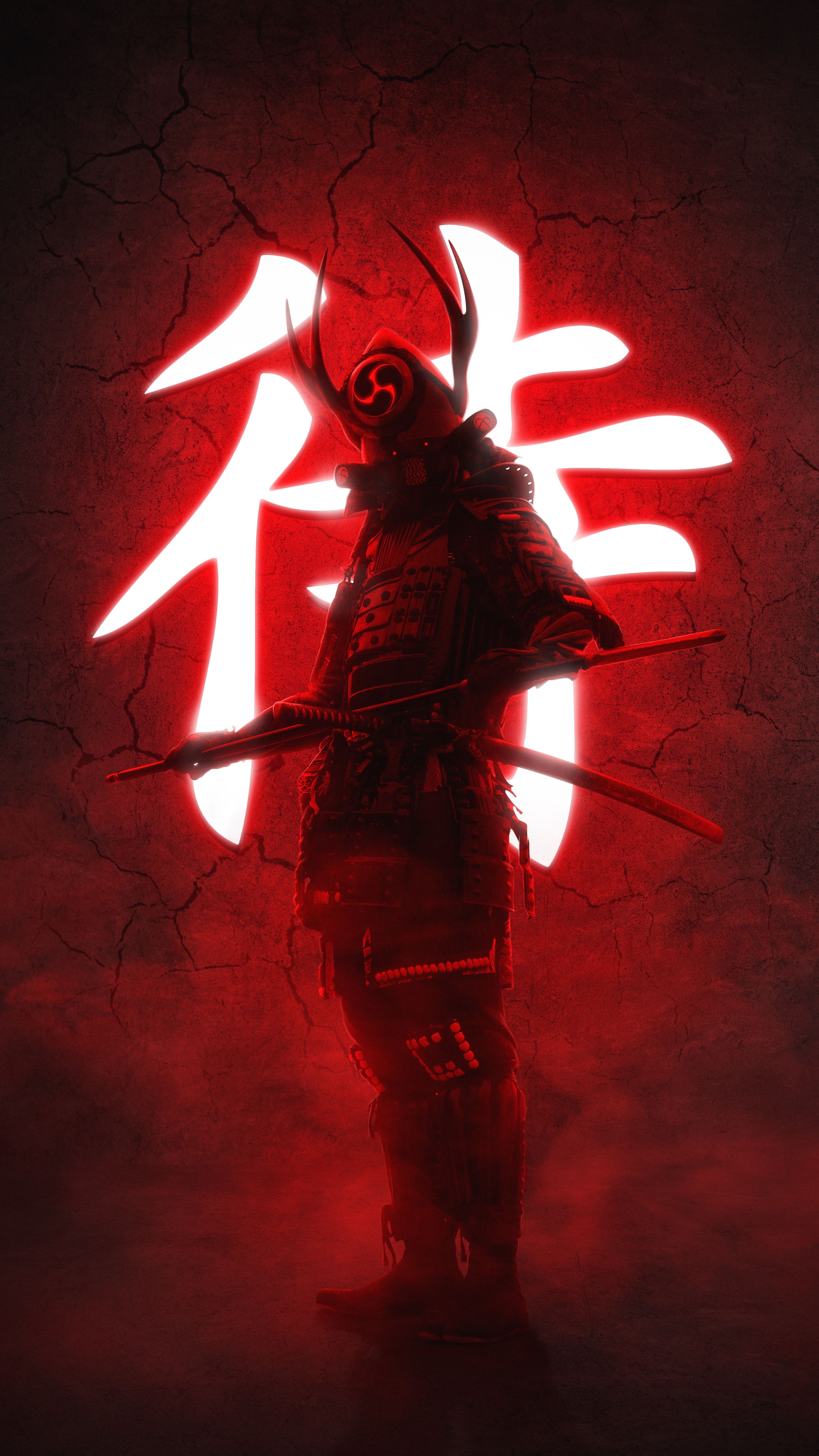 Samurai silhouette kanji rosso, 3260x5796 Full HD Verticale, Smartphone