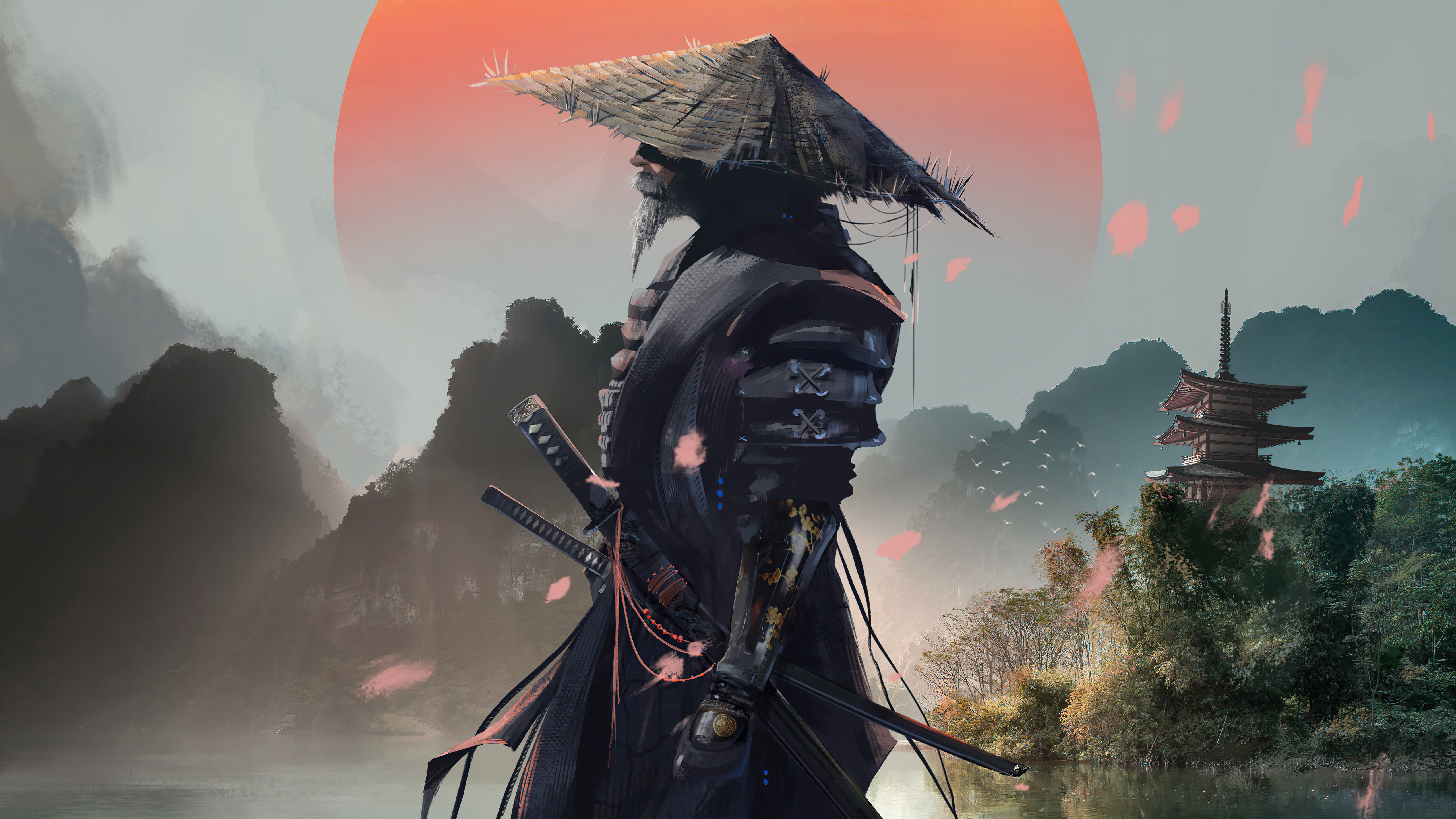 Samurai con cappello, montagne, tempio, 5120x2880 UHD, PC 4K
