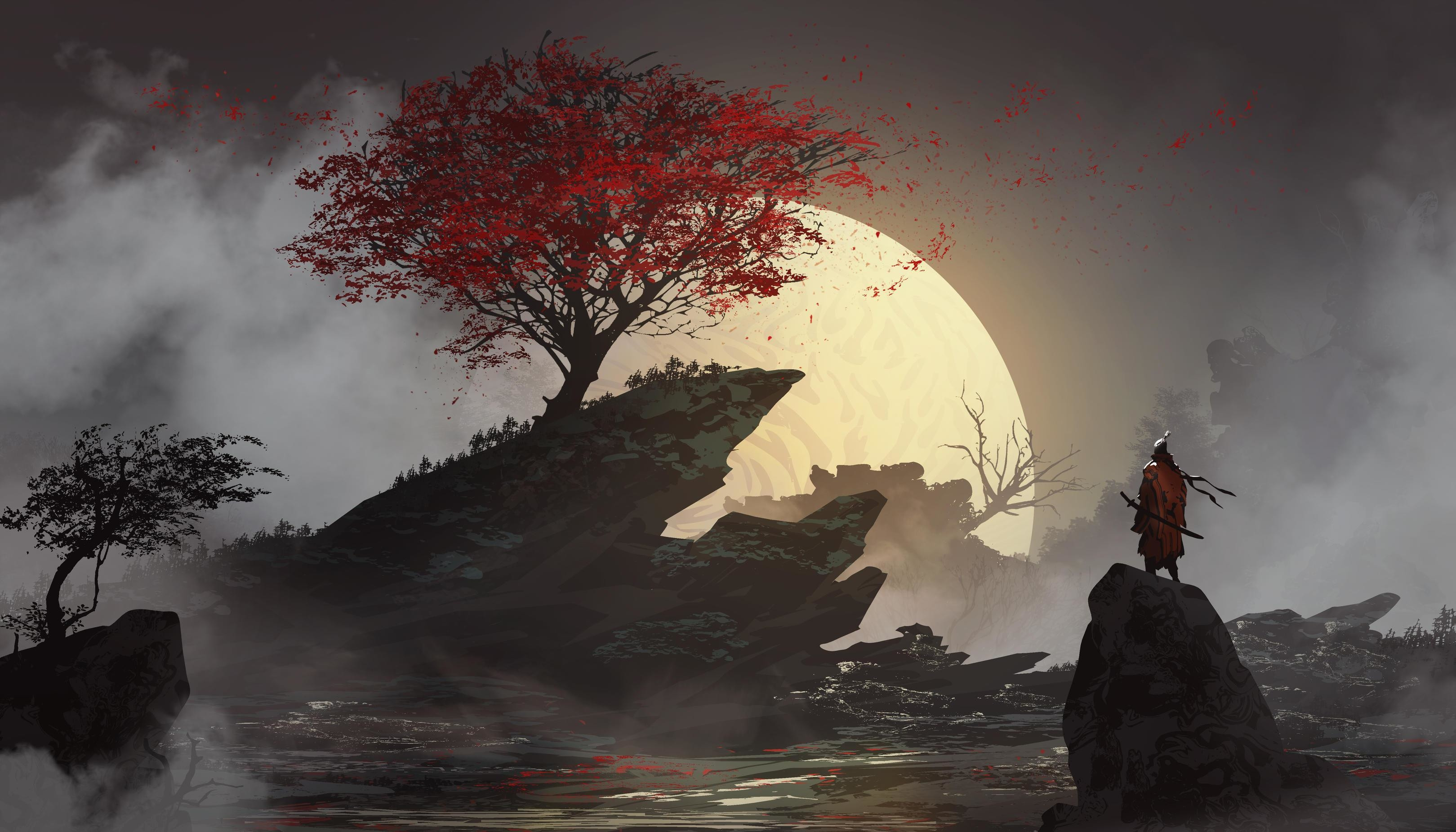 Samurai solitario, albero rosso, 3239x1851 2K+, Monitor Gaming