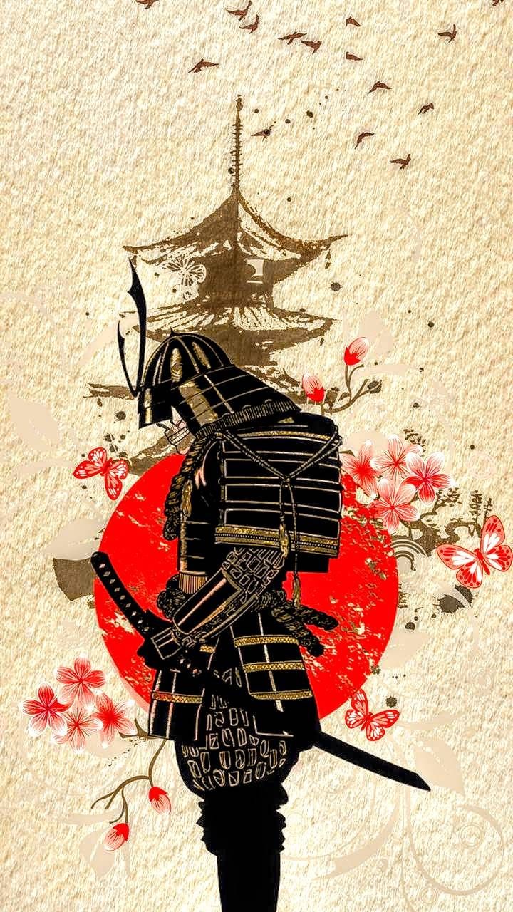Samurai silhouette con pagoda e sole, 720x1280 Full HD Verticale, iPhone