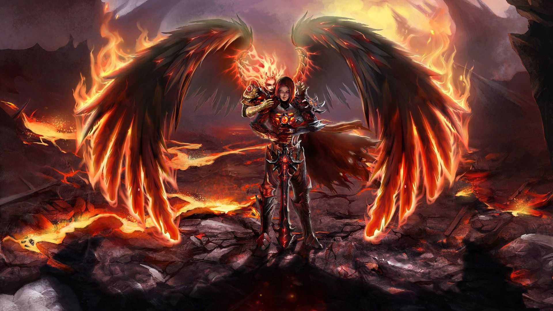 Angelo guerriero alato tra fiamme, 1920x1080 Full HD, Desktop