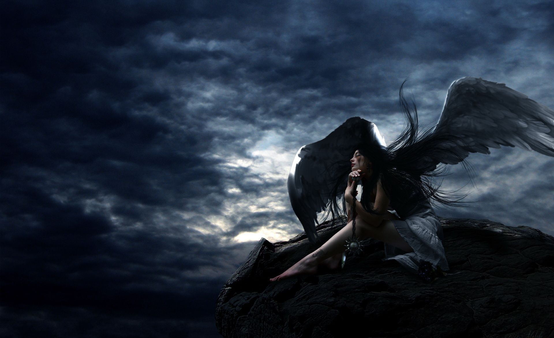 Angelo alato seduto notte, 1920x1172 Full HD, PC
