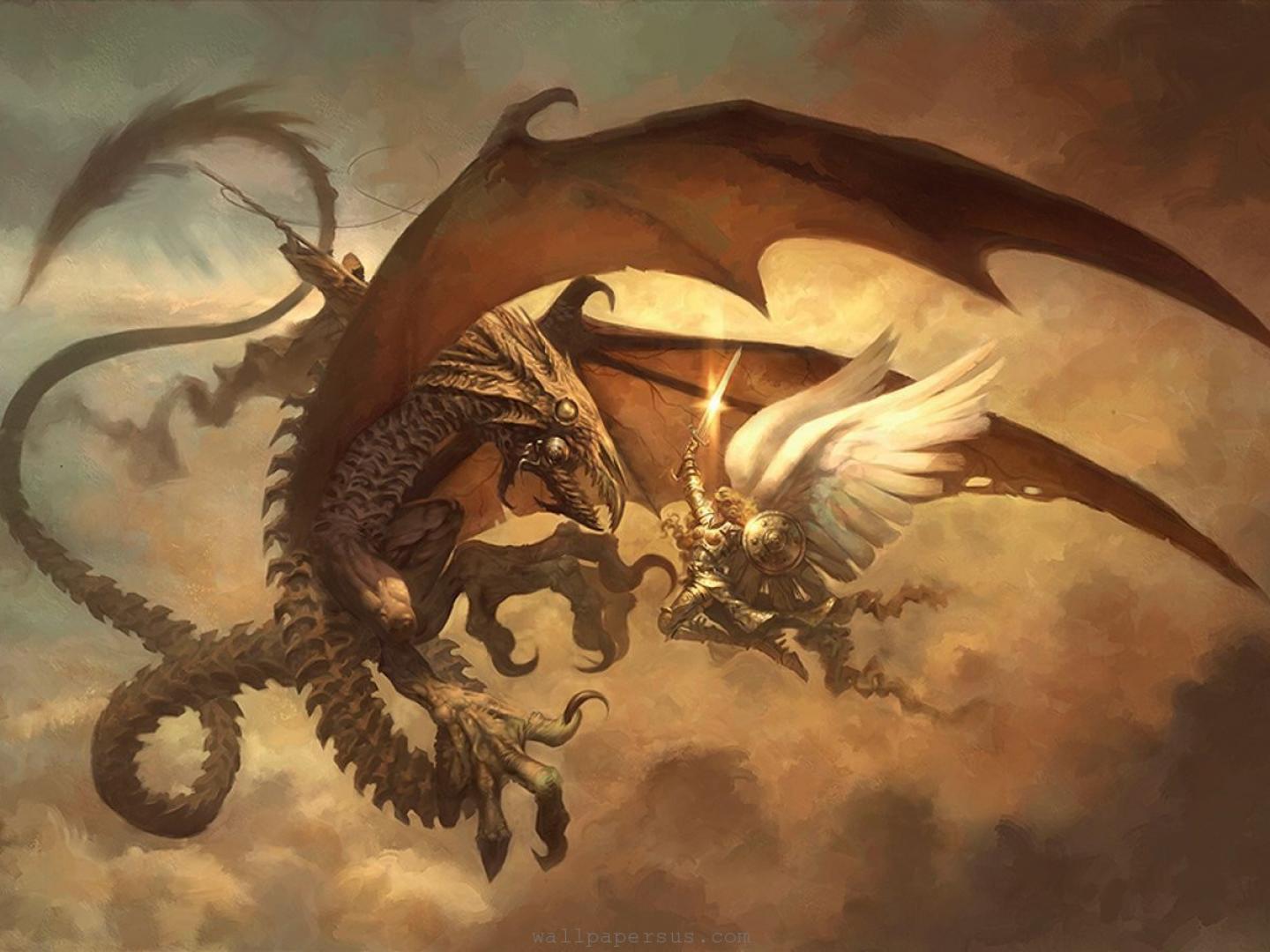 Angelo guerriero combatte drago, 1440x1080 HD, Desktop