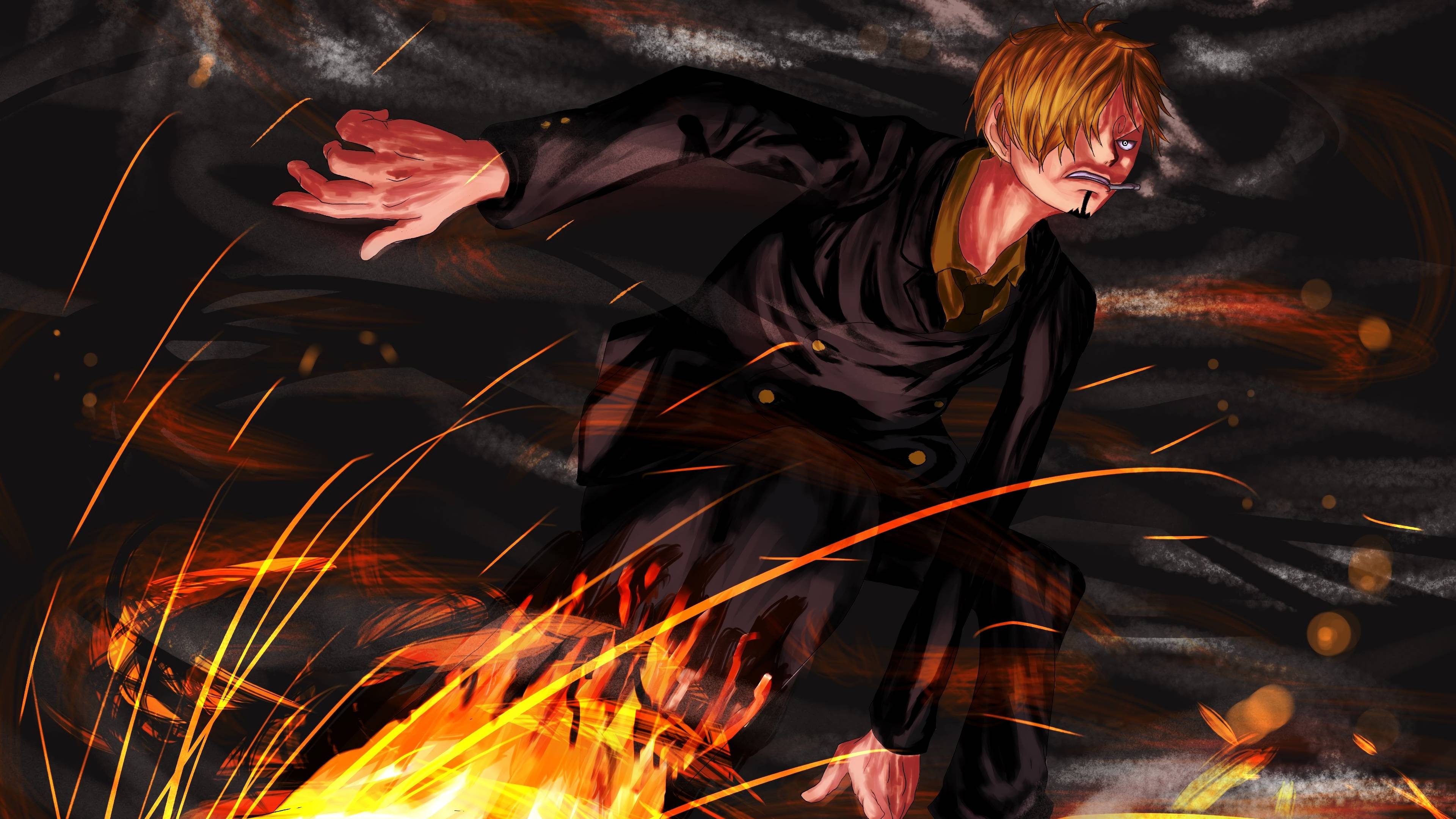 Sanji One Piece fiamme, Eiichiro Oda, 3840x2160 UHD, PC 4K