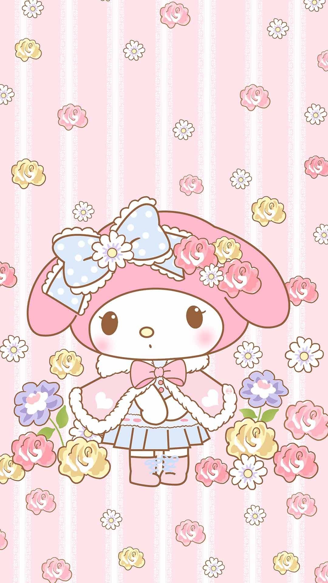 My Melody con fiori rosa, 1080x1920 Verticale, iPhone
