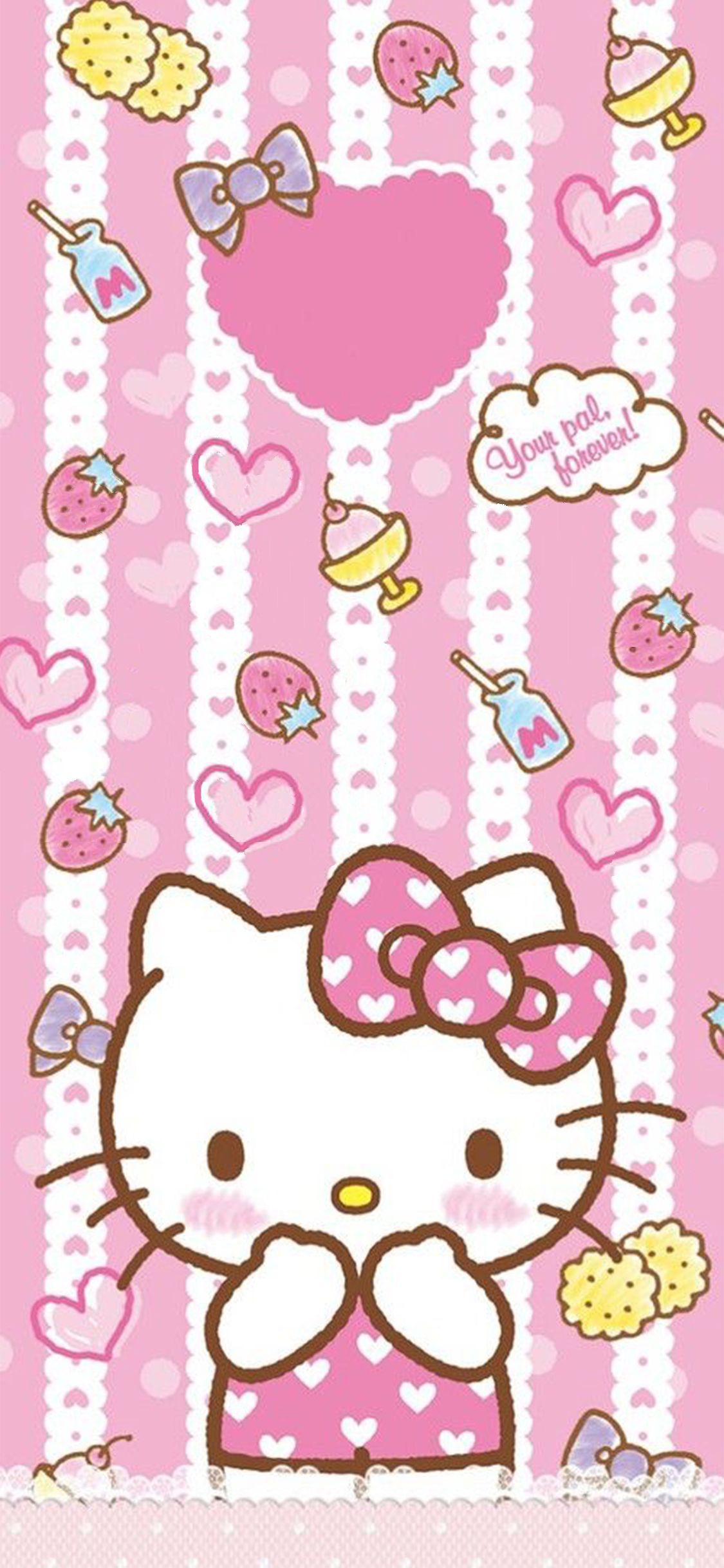 Hello Kitty rosa cuori fragole, Sanrio, 1125x2436 Verticale, iPhone Pro Max