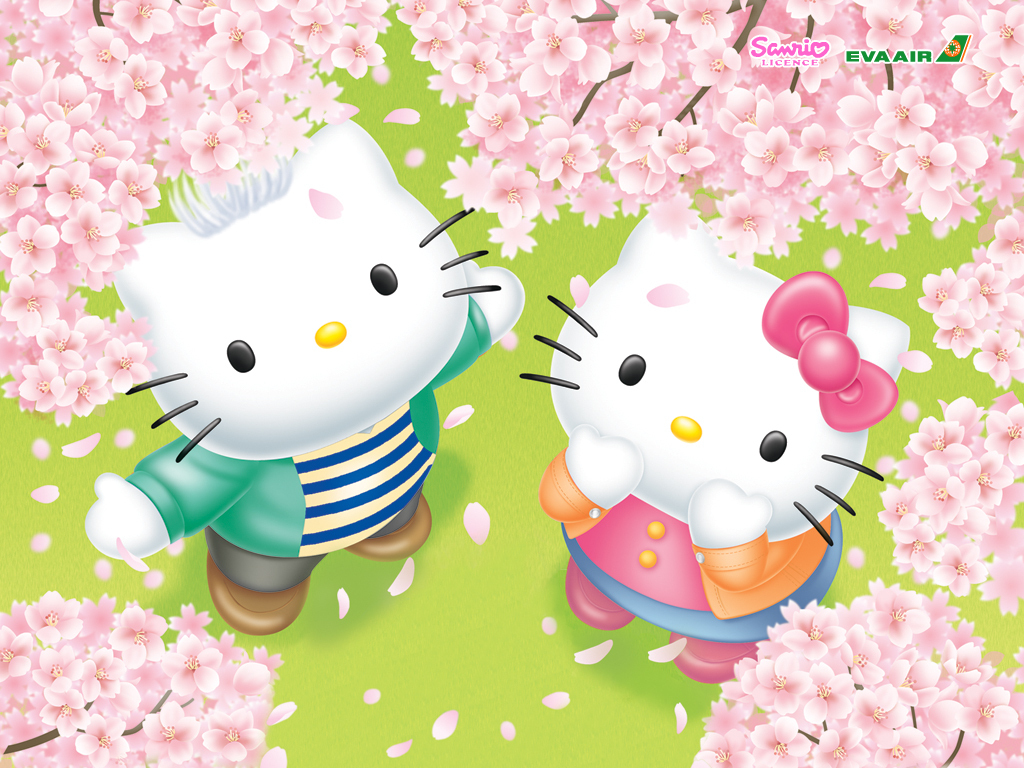 due Hello Kitty fiori ciliegio, 1024x768 HD, Desktop