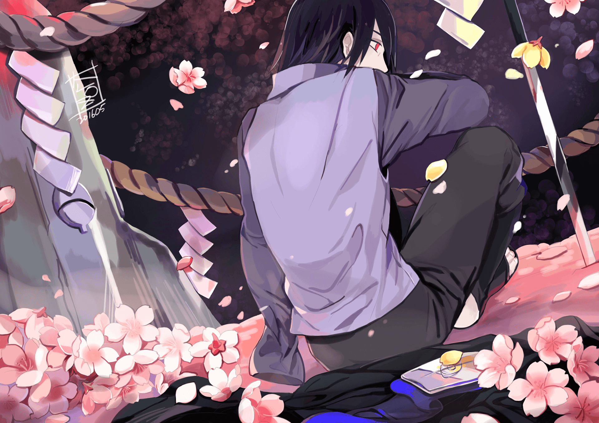 Sasuke Uchiha fiori di ciliegio, Naruto, 1920x1358 Full HD+ WUXGA, Desktop