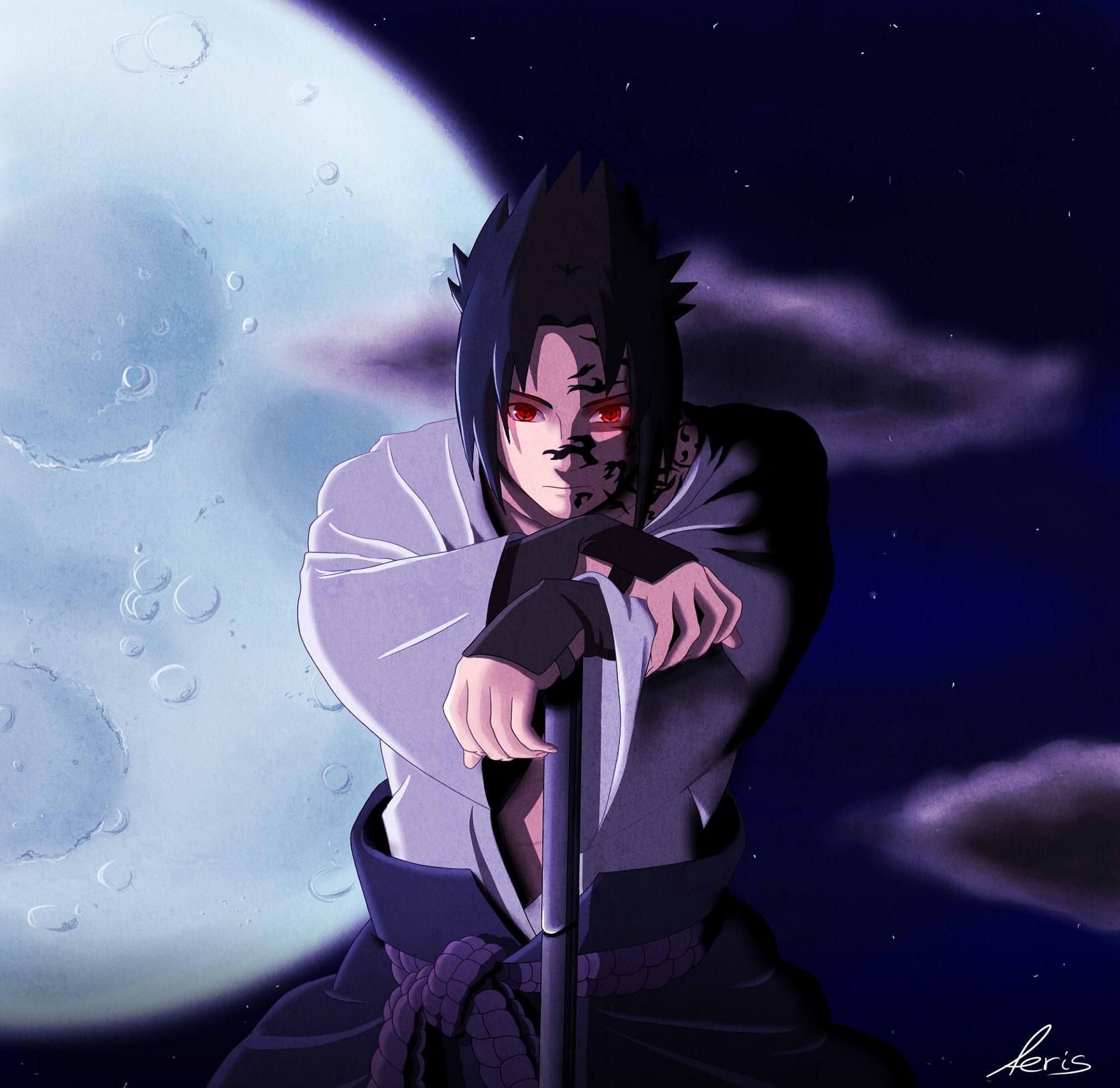 Sasuke Uchiha con katana, luna, 1758x1708 HD Ready, Desktop