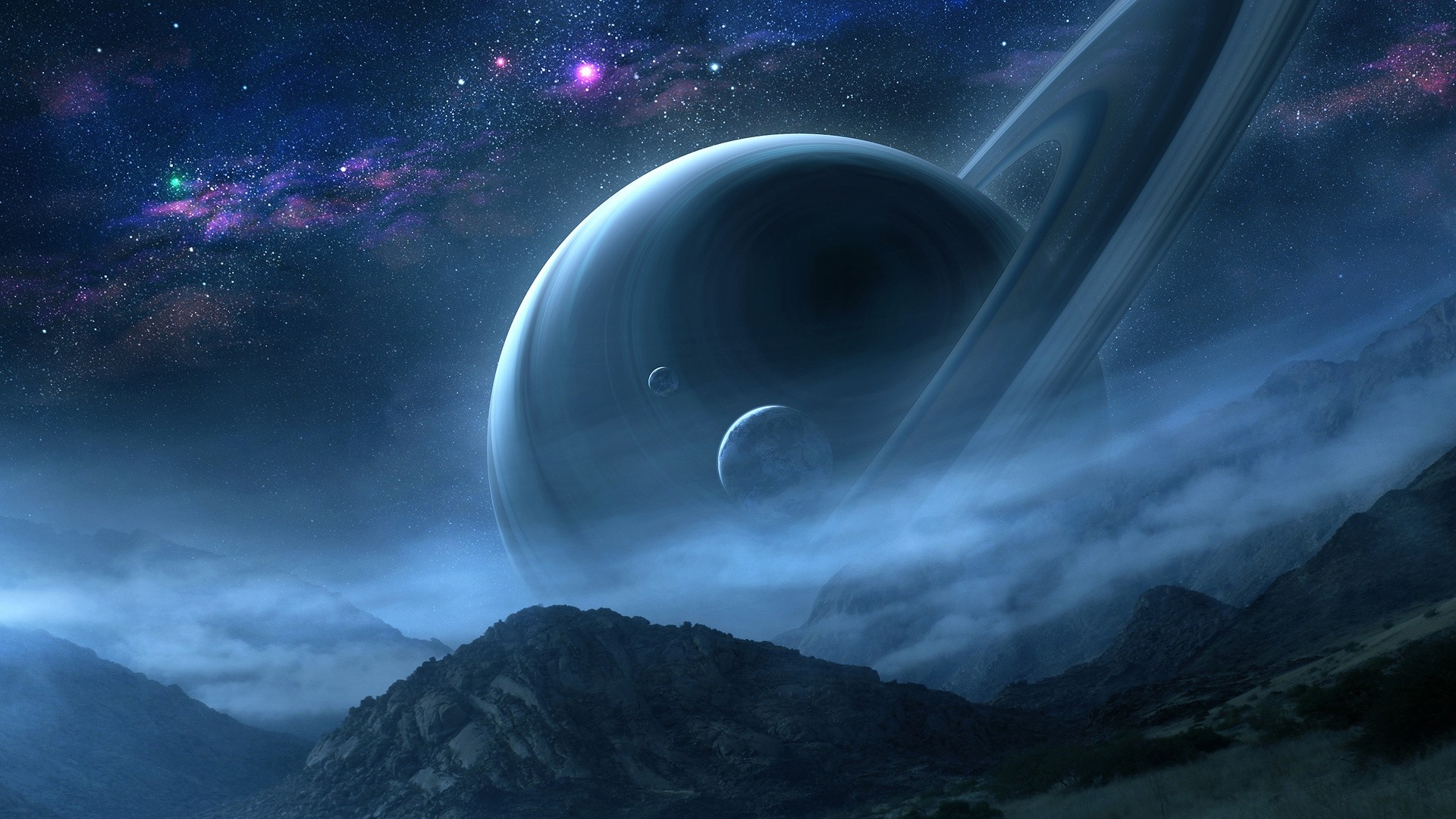 Saturno con anelli, montagne, 1920x1080 1080p, PC Desktop