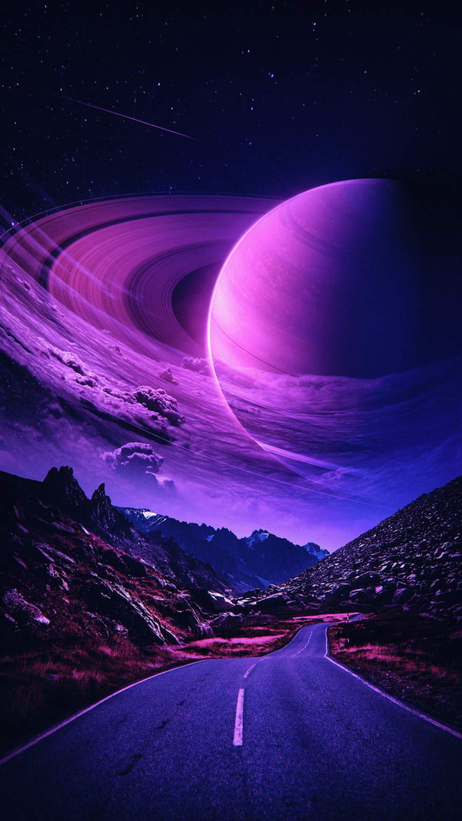 Saturno viola su strada montana, 900x1600 Full HD Verticale, Smartphone