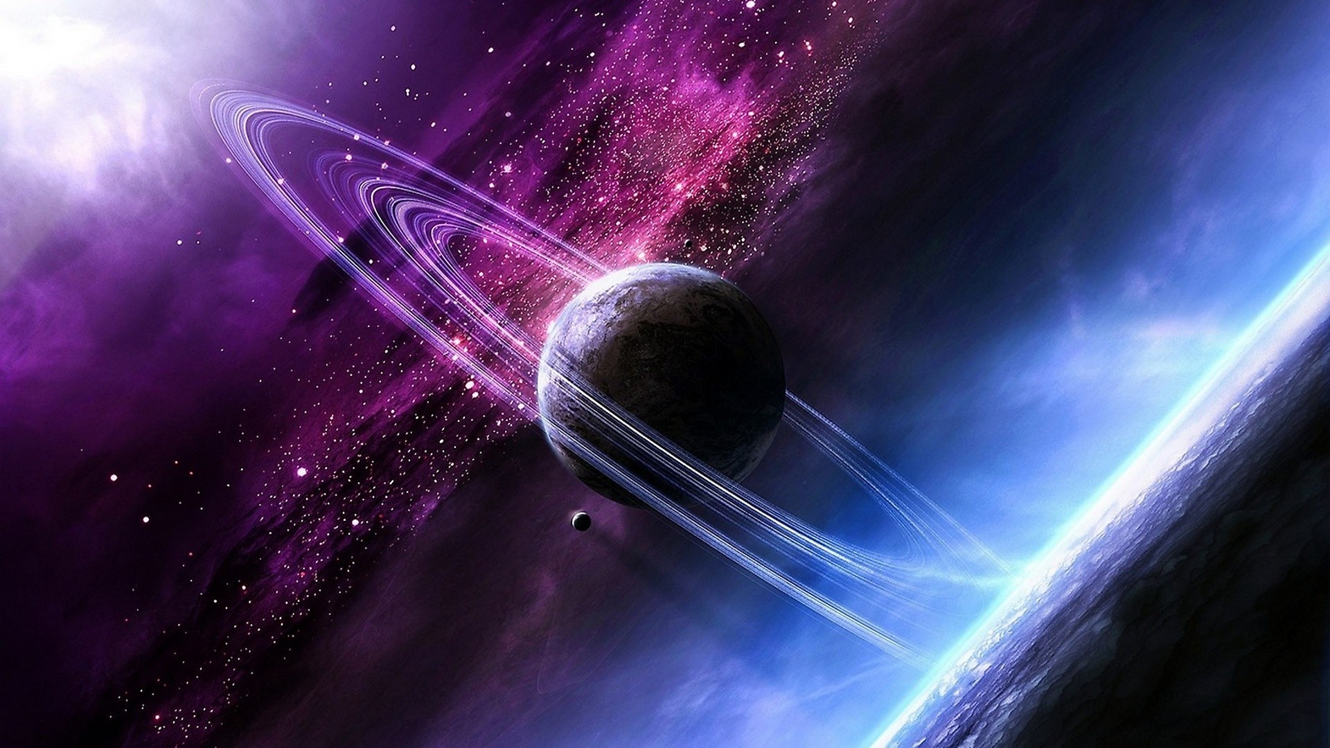Saturno con anelli, nebulosa viola, 1920x1080 Full HD 1080p, Desktop