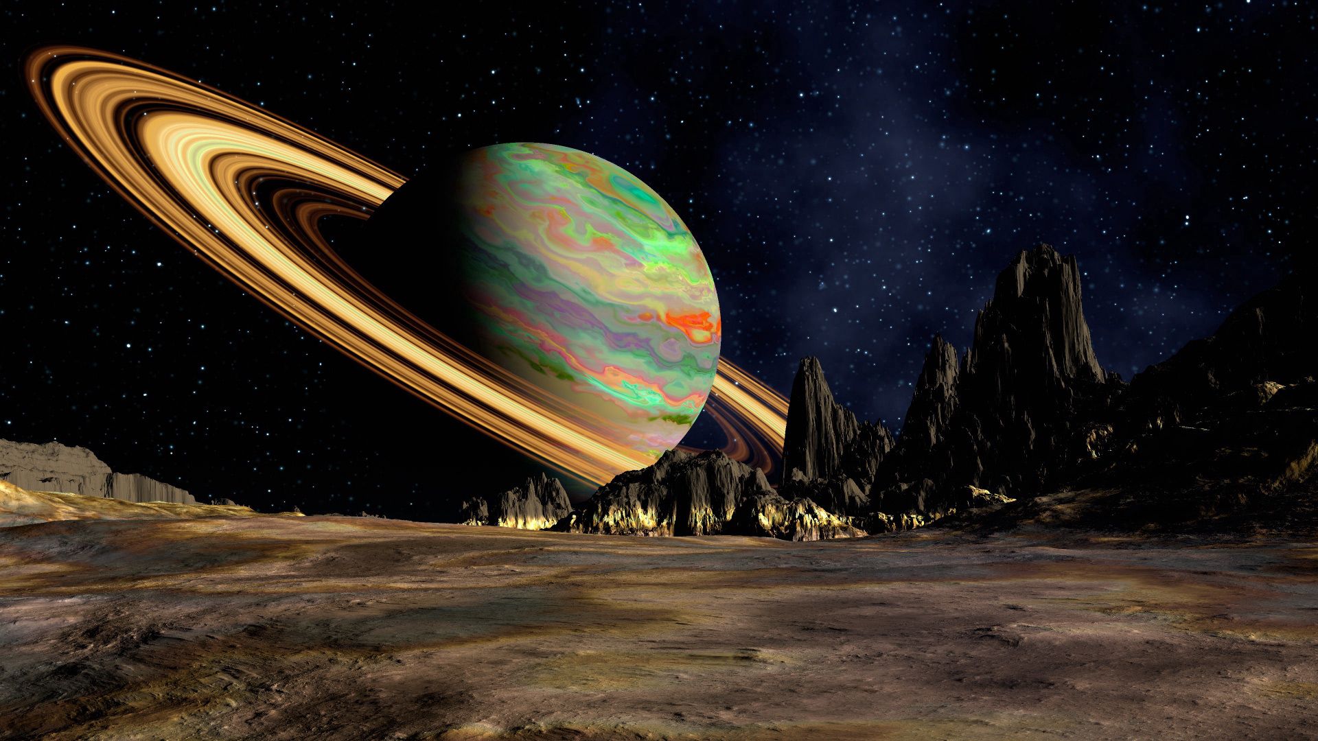 Saturno con anelli, paesaggio alieno, 1920x1080 1080p, Desktop
