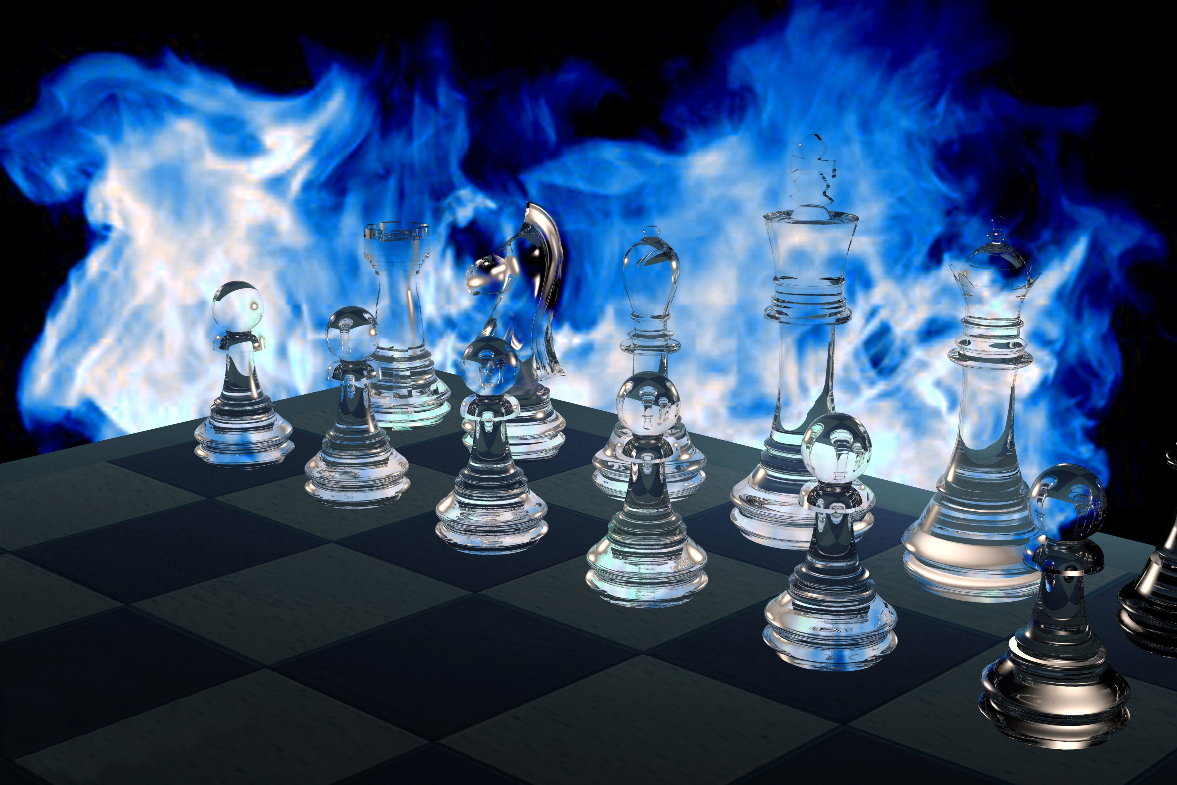 Scacchi di vetro con fiamme blu, 4096x2731 UHD, PC 4K