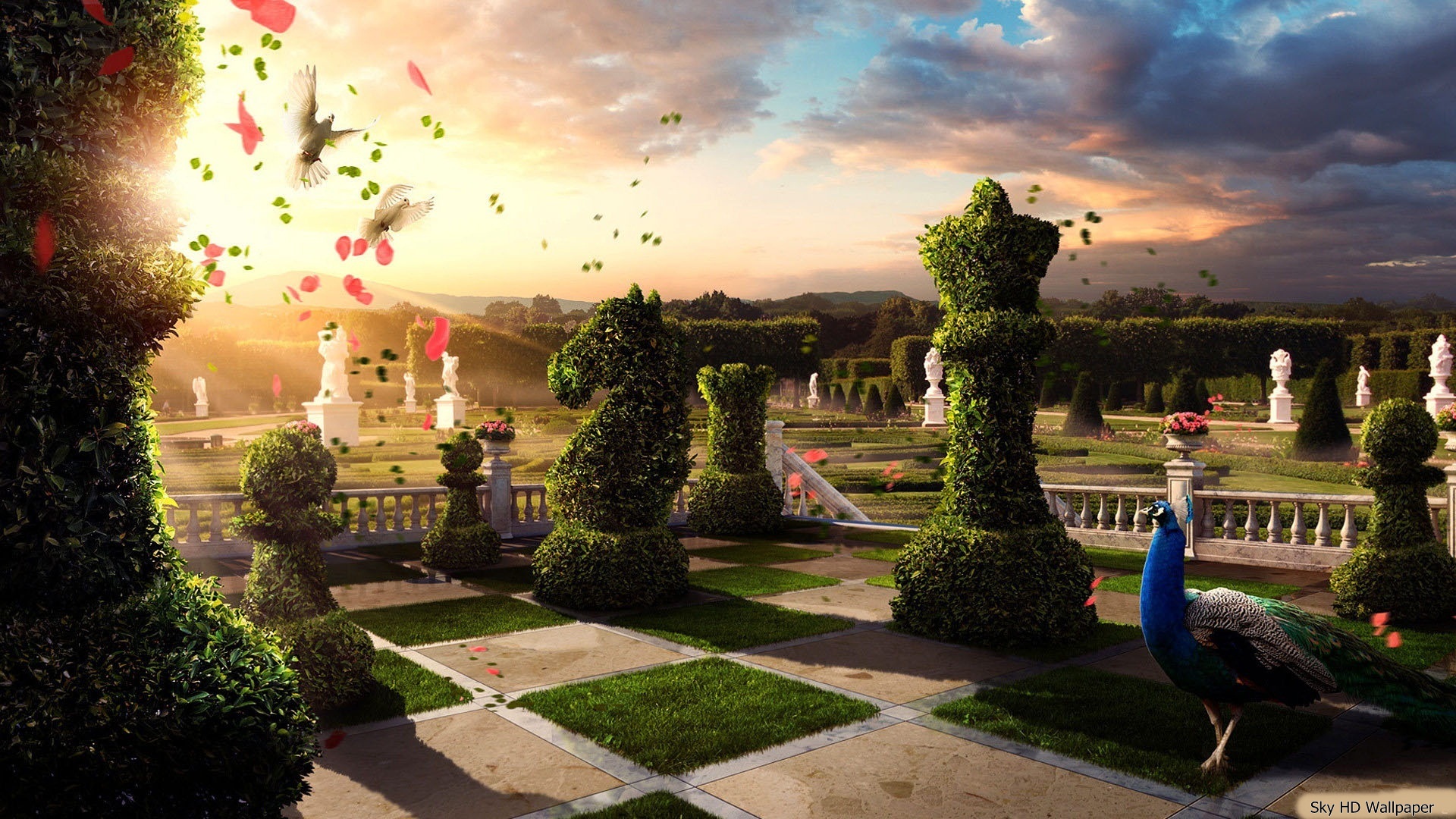 Giardino con pezzi scacchi gigante, 1920x1080 Full HD, Desktop